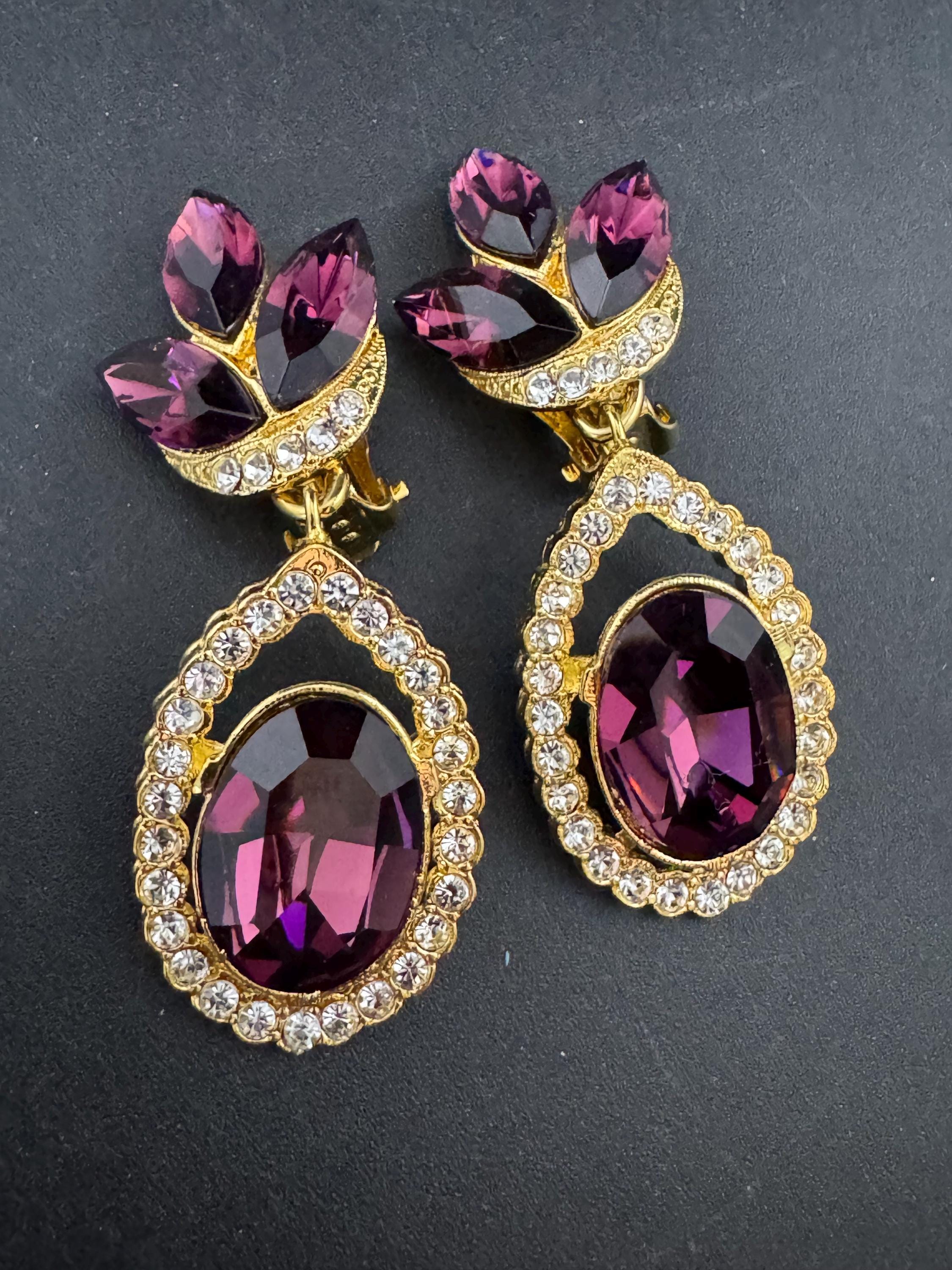 Oversized Swarovski Crystal Drop Earrings: Vintage 1980s Gold Tone