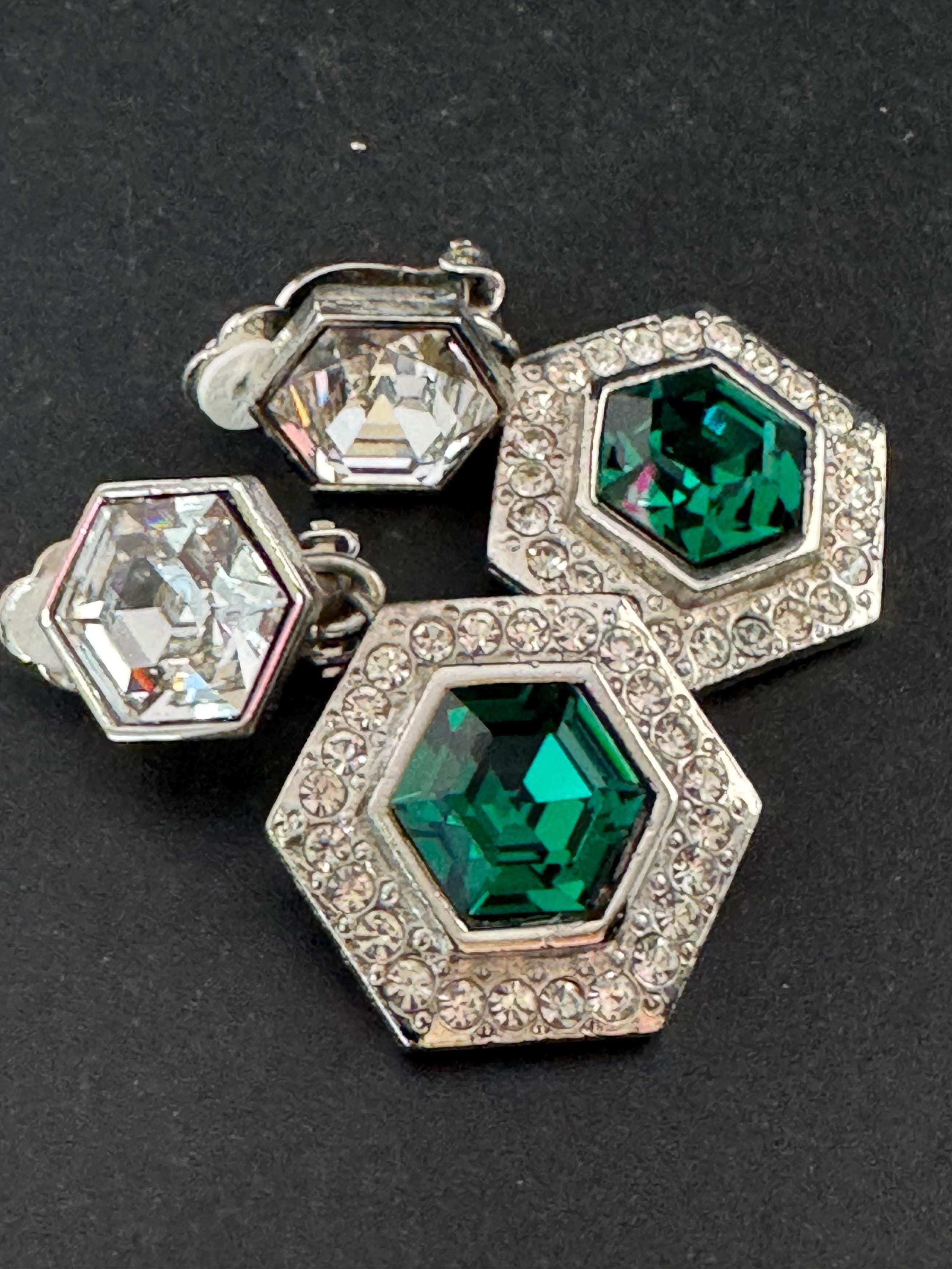vintage silver tone emerald green and and clear Swarovski crystal hexagon drop earrings