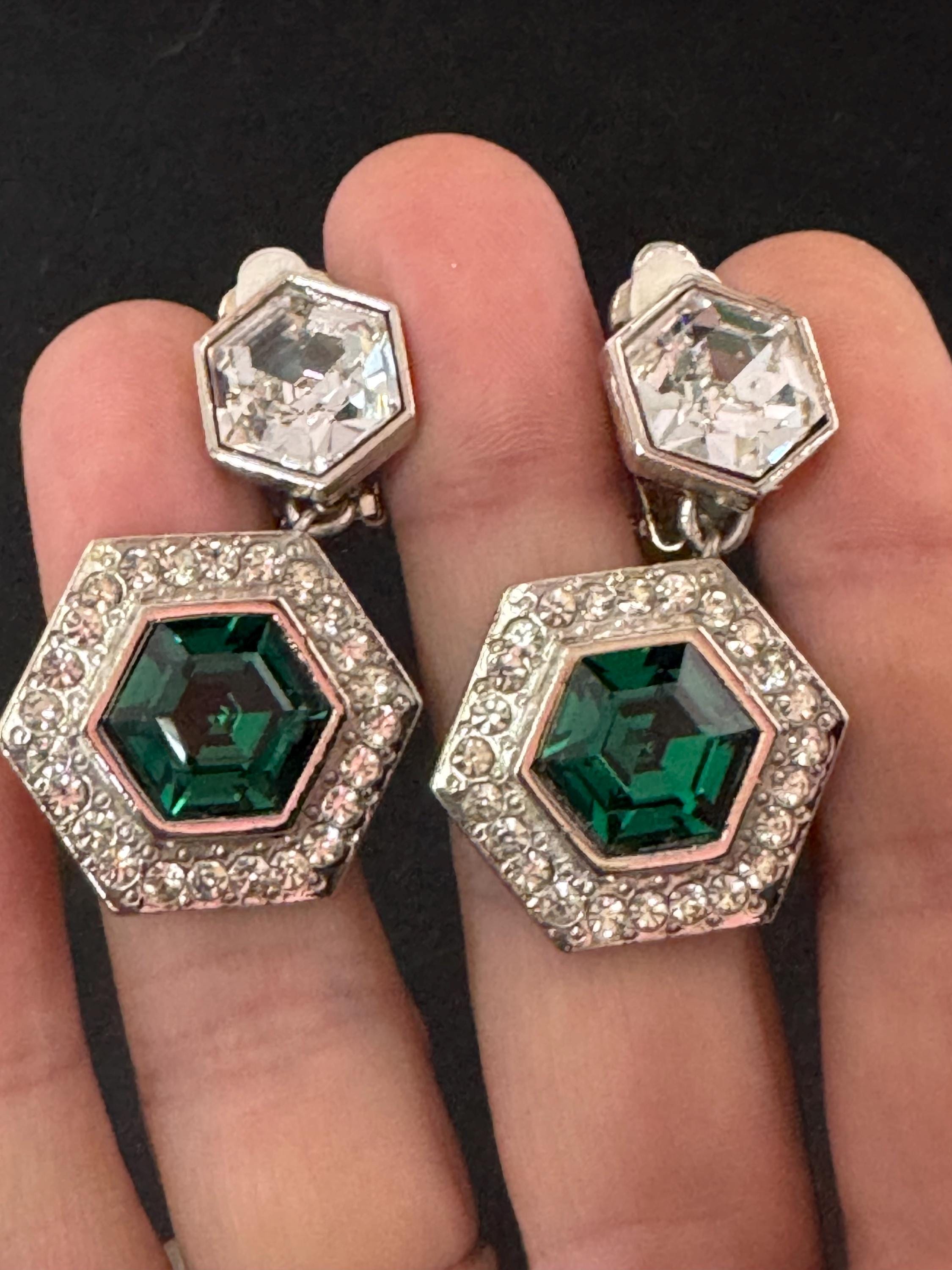 vintage silver tone emerald green and and clear Swarovski crystal hexagon drop earrings