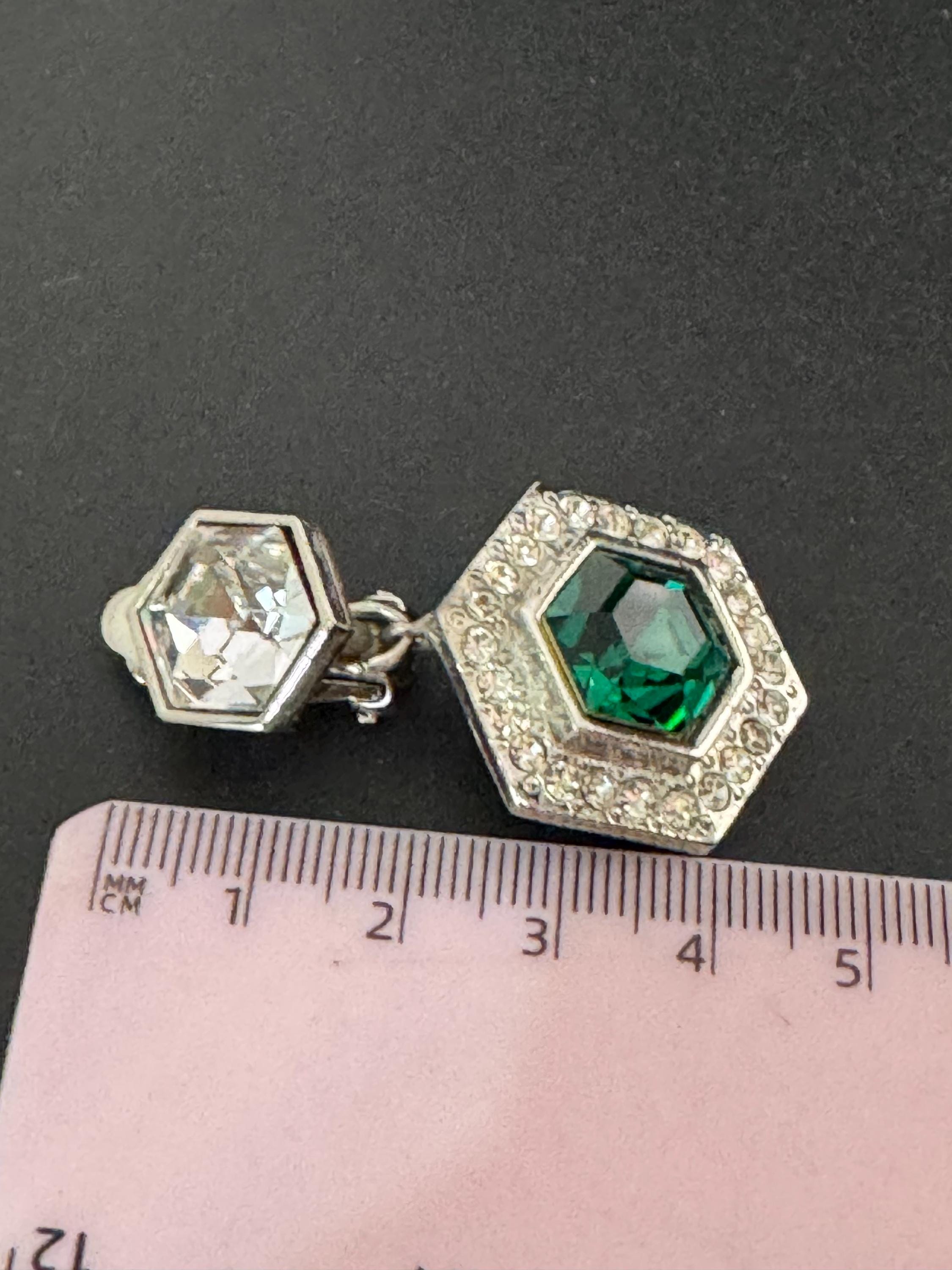 vintage silver tone emerald green and and clear Swarovski crystal hexagon drop earrings