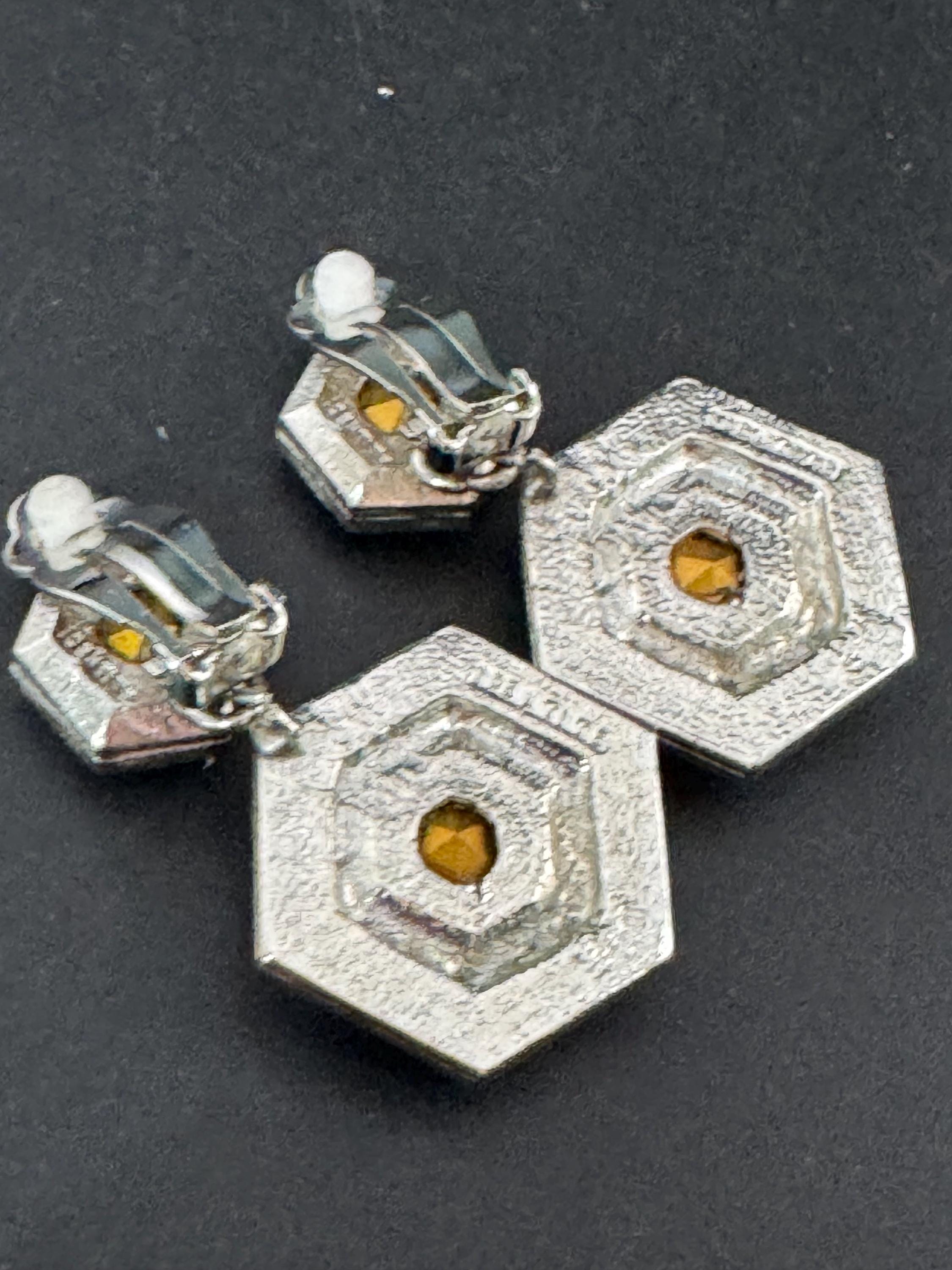 vintage silver tone emerald green and and clear Swarovski crystal hexagon drop earrings