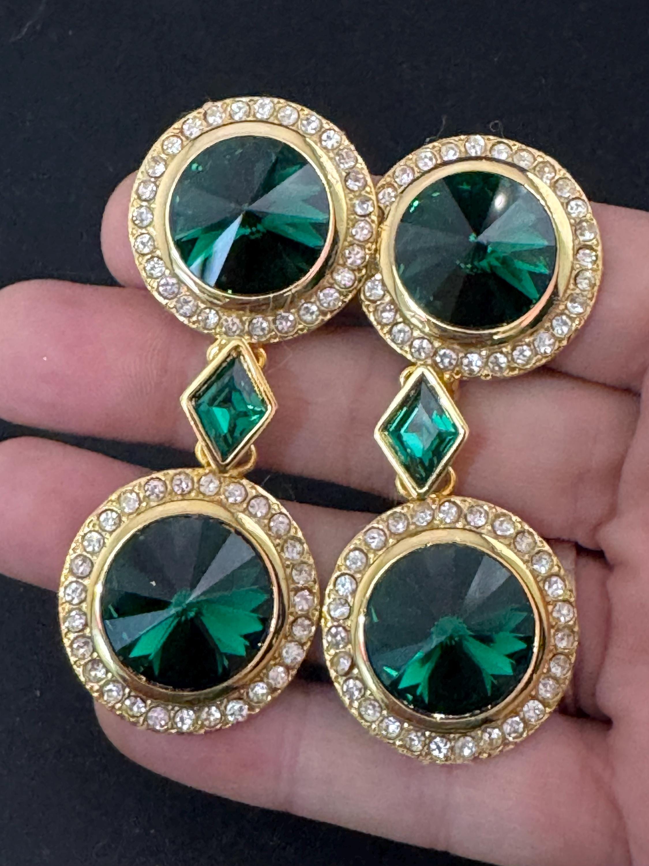 vintage oversized 7cm gold tone emerald green Rivoli and clear Swarovski crystal dangly earrings