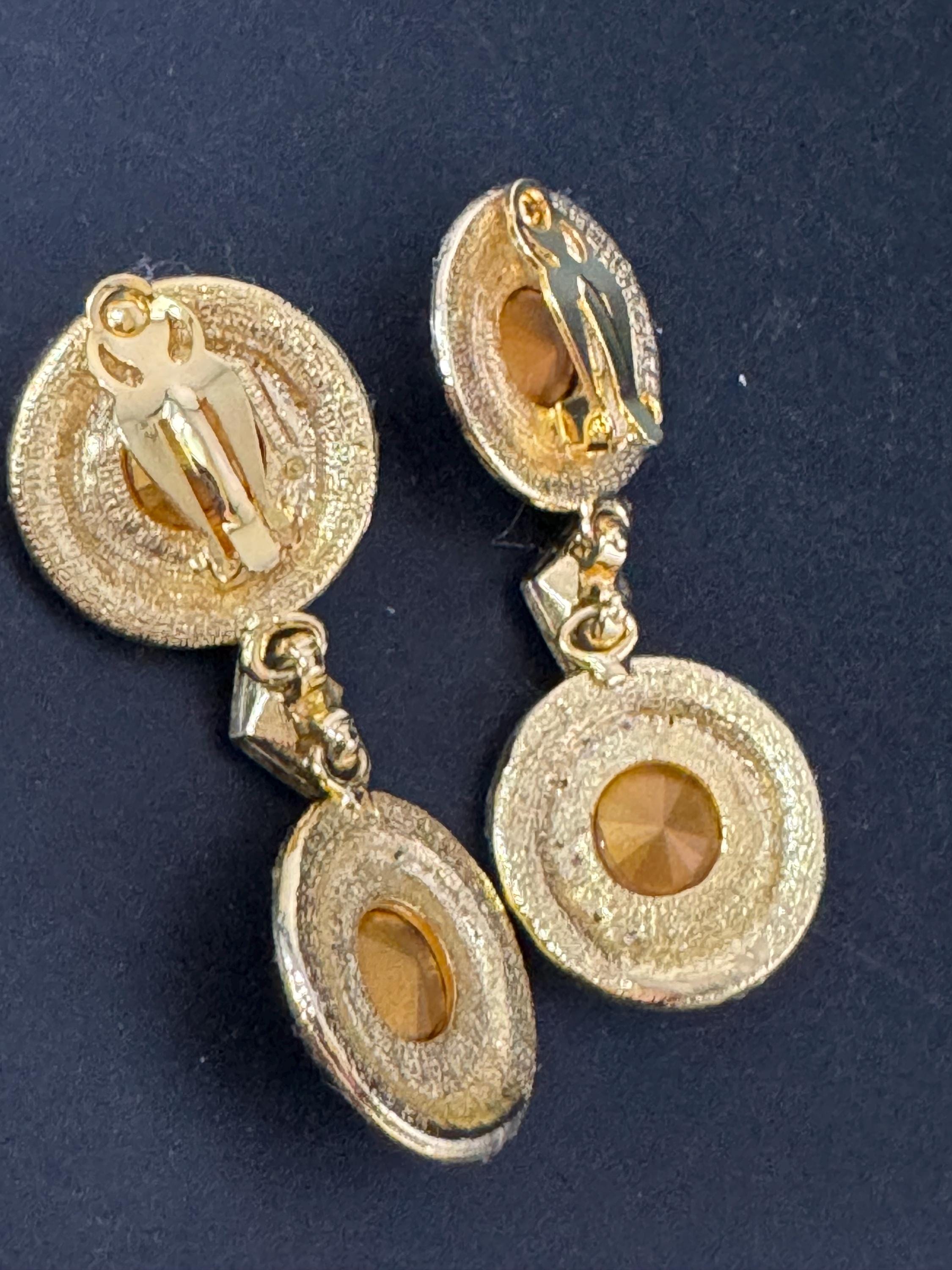 vintage oversized 7cm gold tone emerald green Rivoli and clear Swarovski crystal dangly earrings