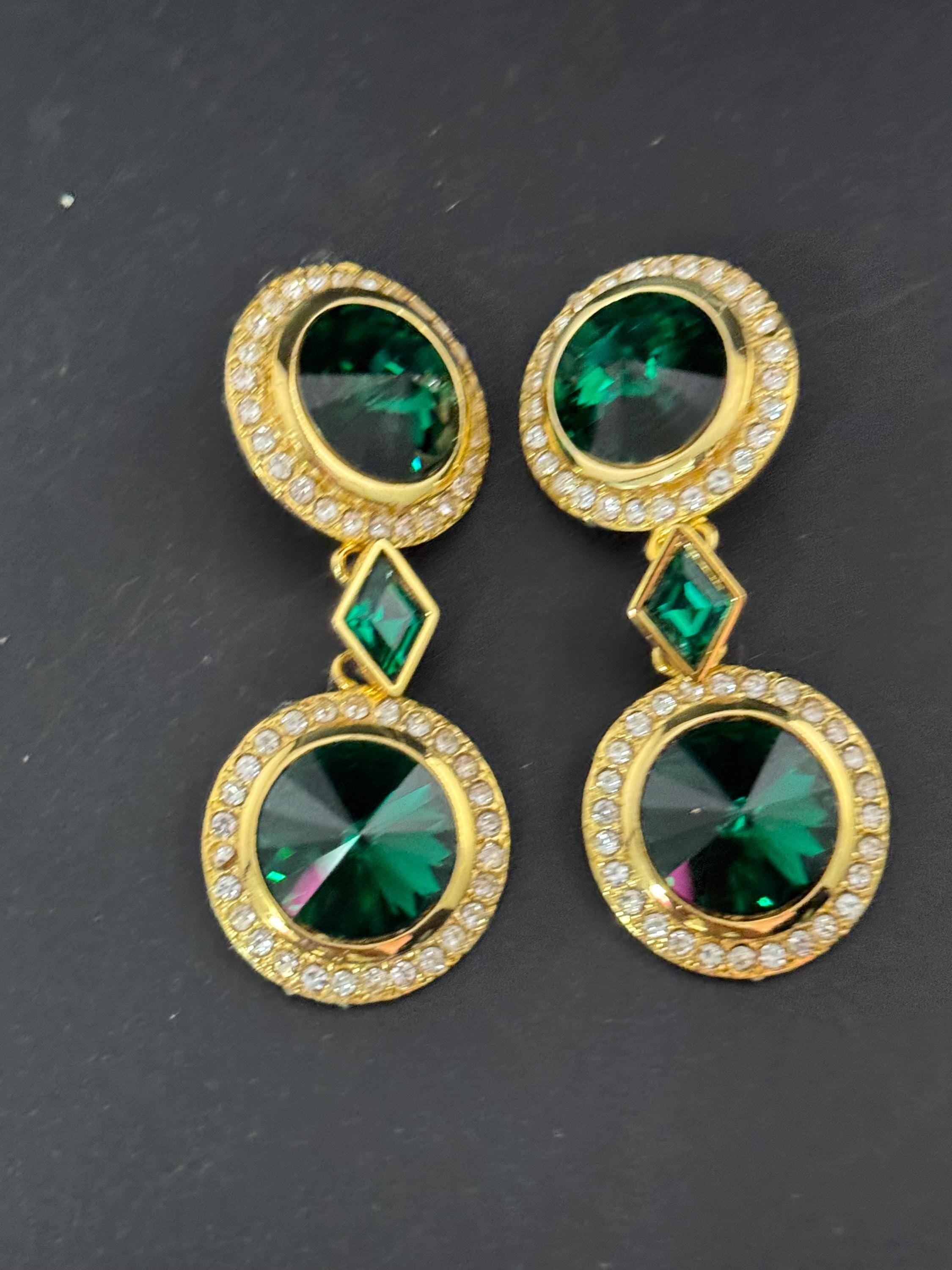 vintage oversized 7cm gold tone emerald green Rivoli and clear Swarovski crystal dangly earrings
