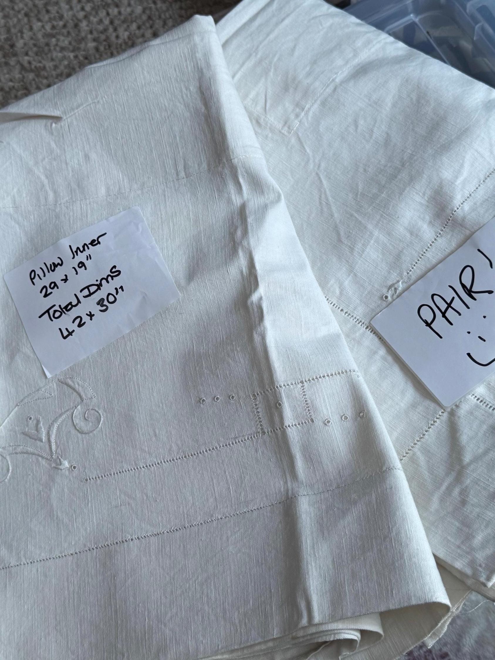 Antique Linen Embroidered Pillowcases: Chateau Chic Bedding, 1900s