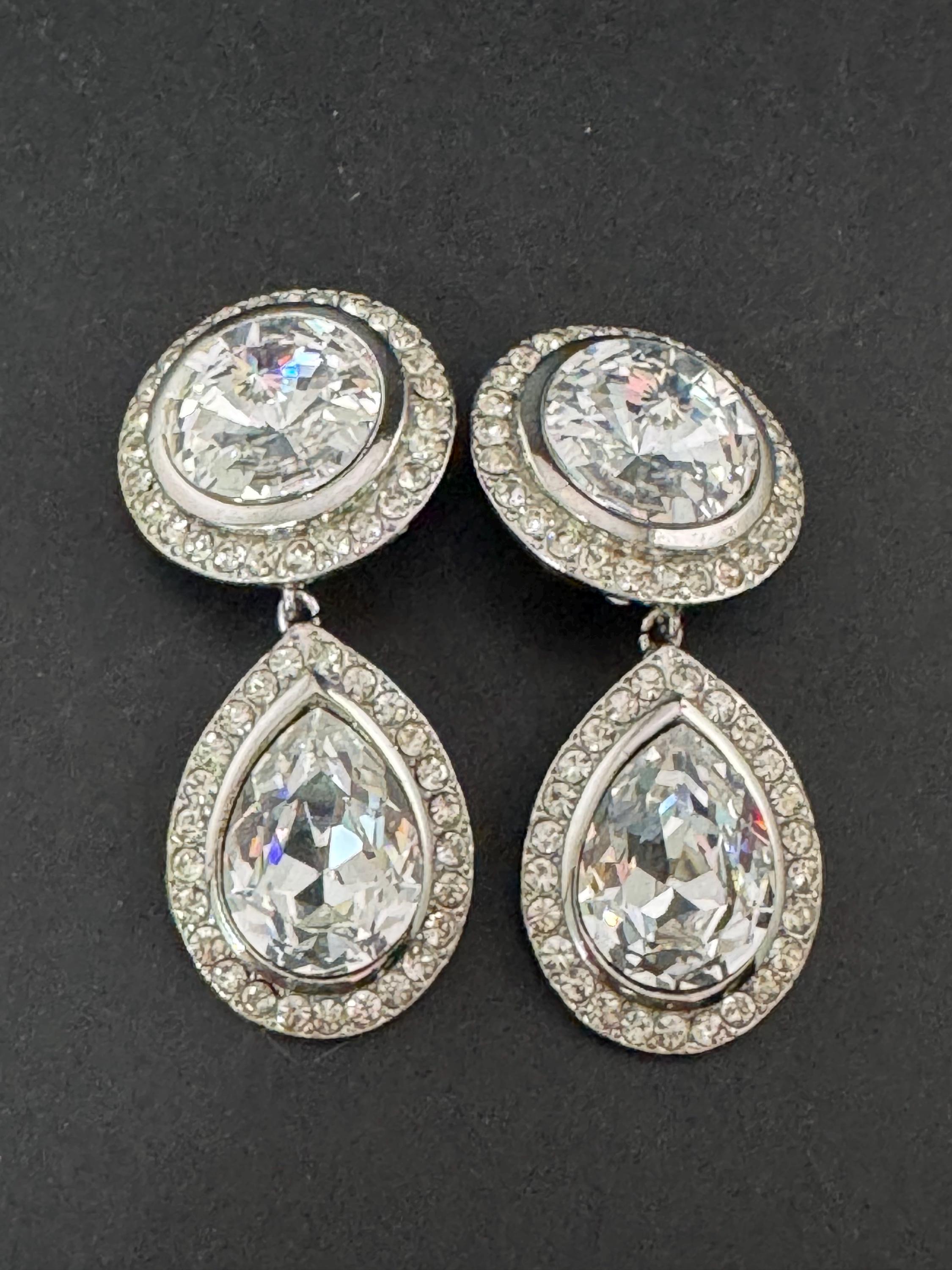 vintage oversized 6cm silver tone clear Rivoli Swarovski crystal teardrop dangly earrings