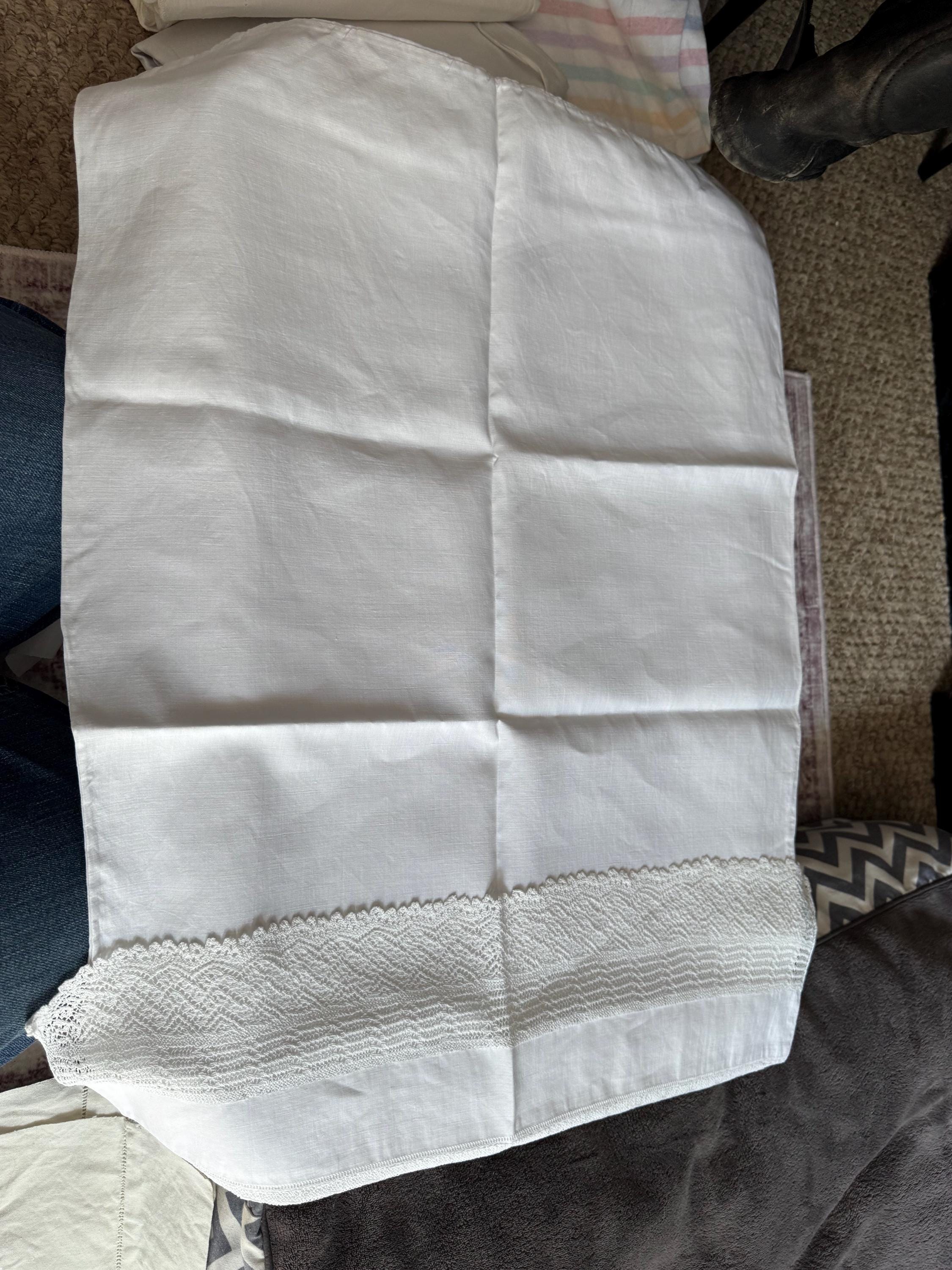 single plain white linen cotton pillowcase with crochet fold over Chateau country cottage chic bedding boudoir