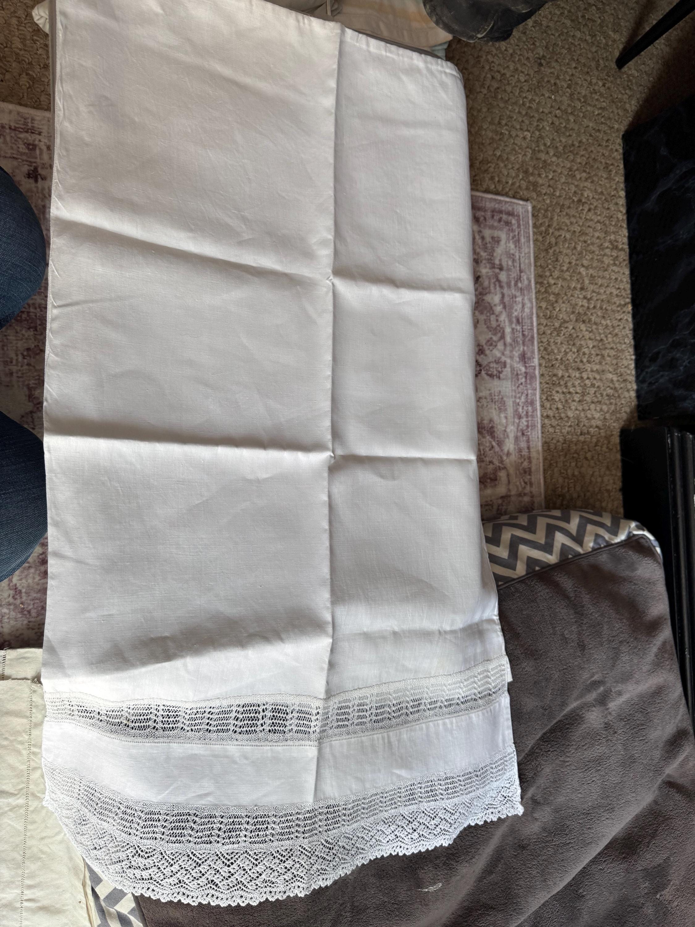 single plain white linen cotton pillowcase with crochet fold over Chateau country cottage chic bedding boudoir