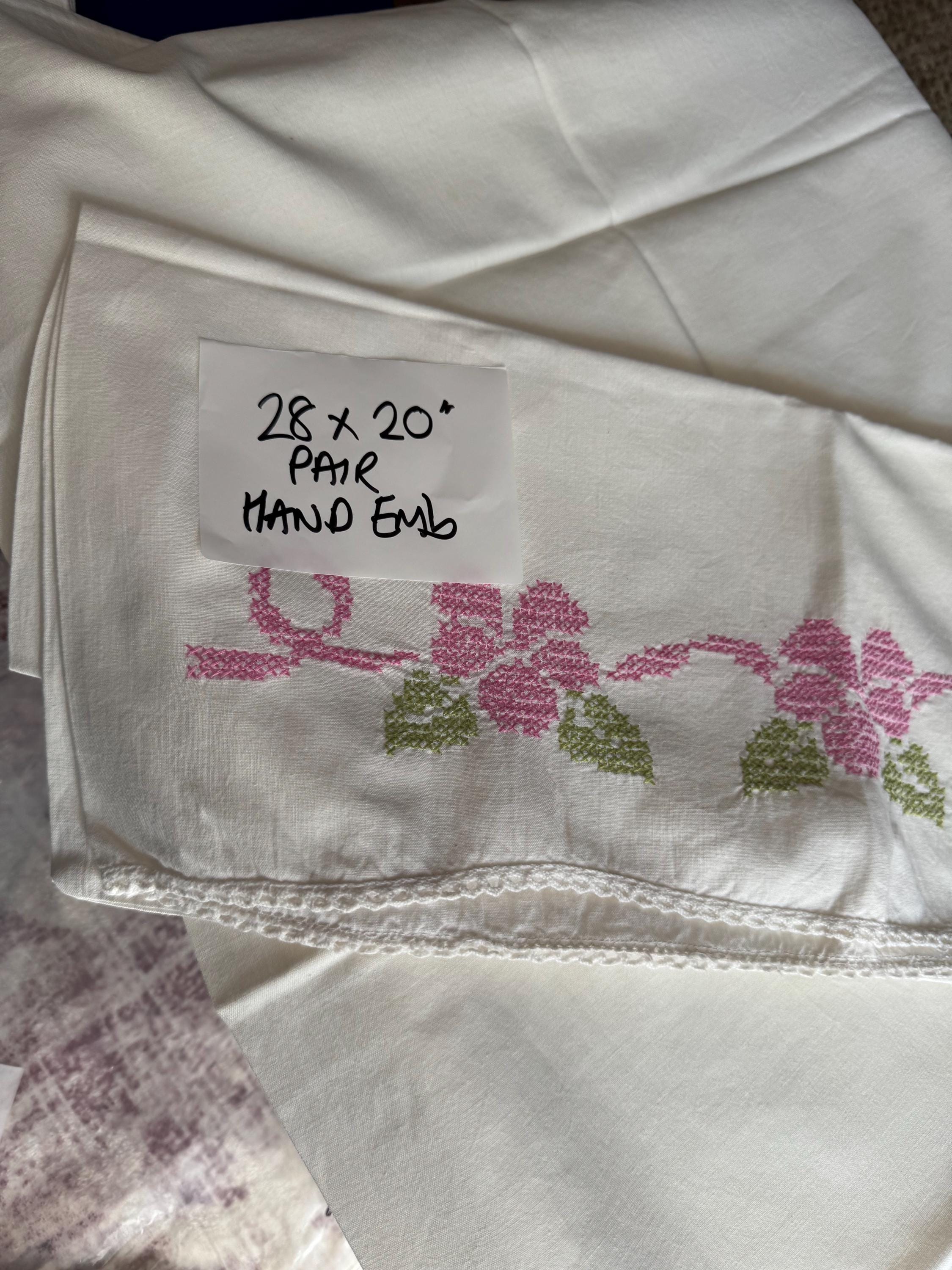 Vintage HAND embroidered floral pair of pillowcases pink green flowers pastels