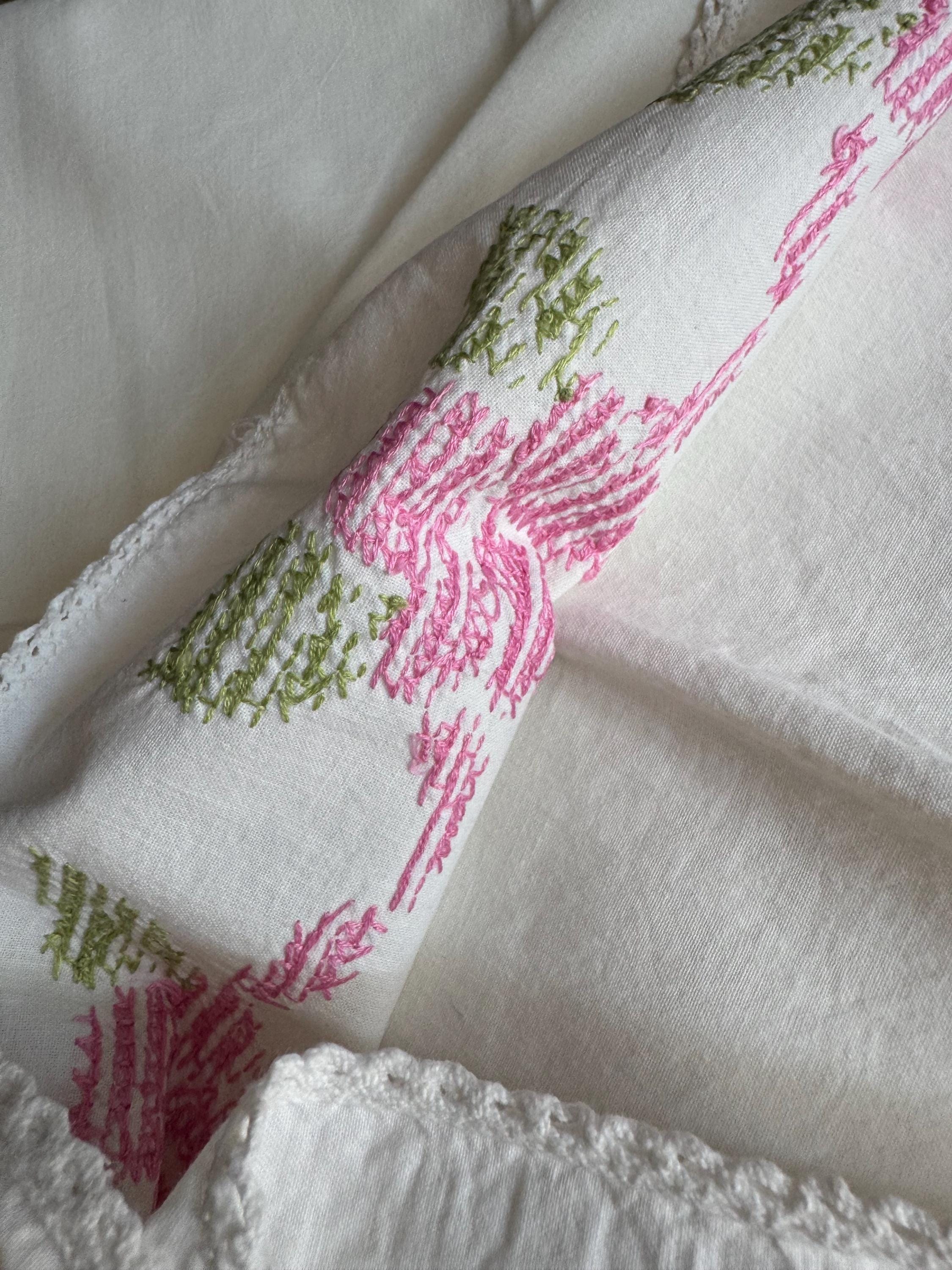 Vintage HAND embroidered floral pair of pillowcases pink green flowers pastels