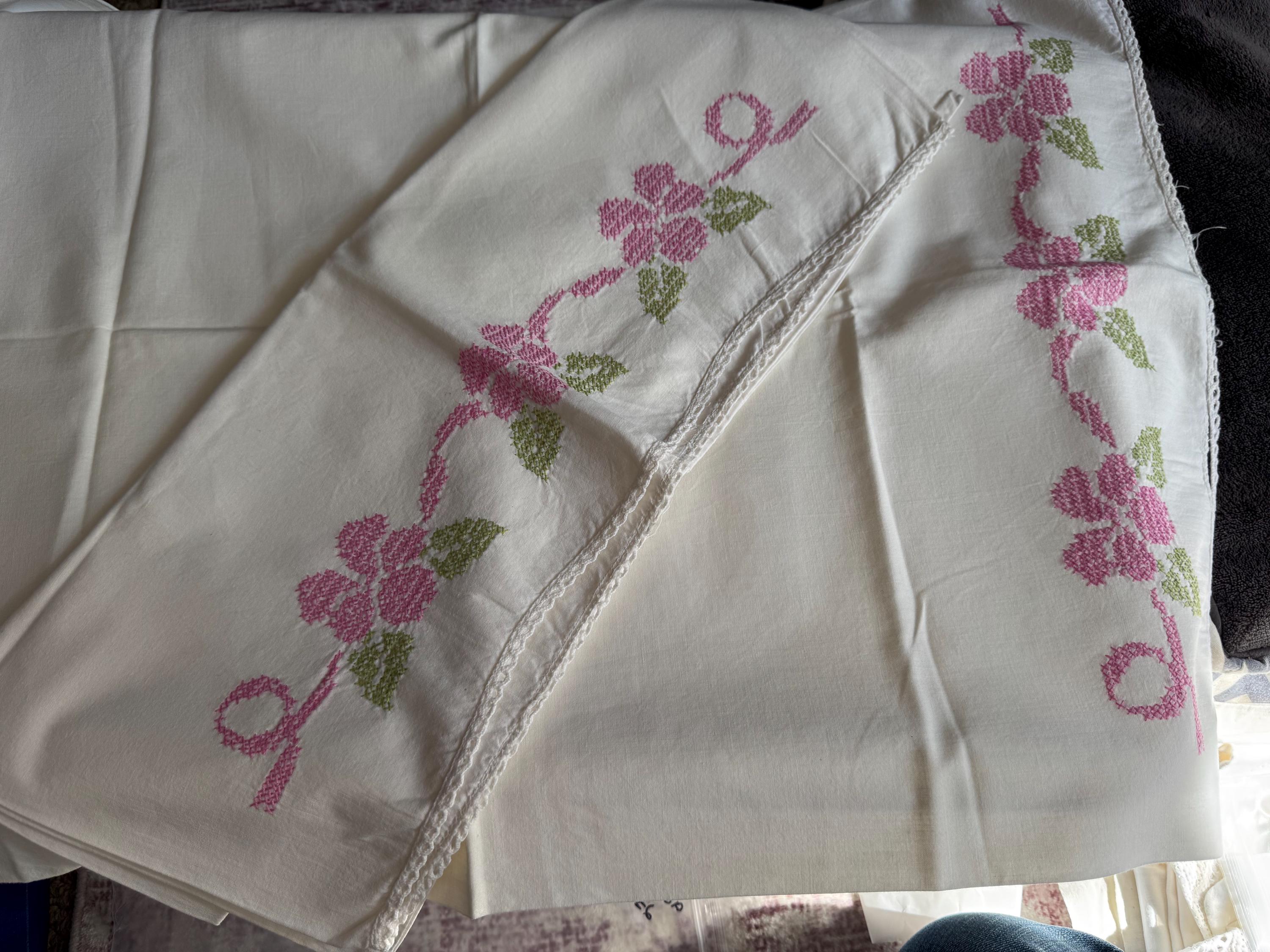 Vintage HAND embroidered floral pair of pillowcases pink green flowers pastels