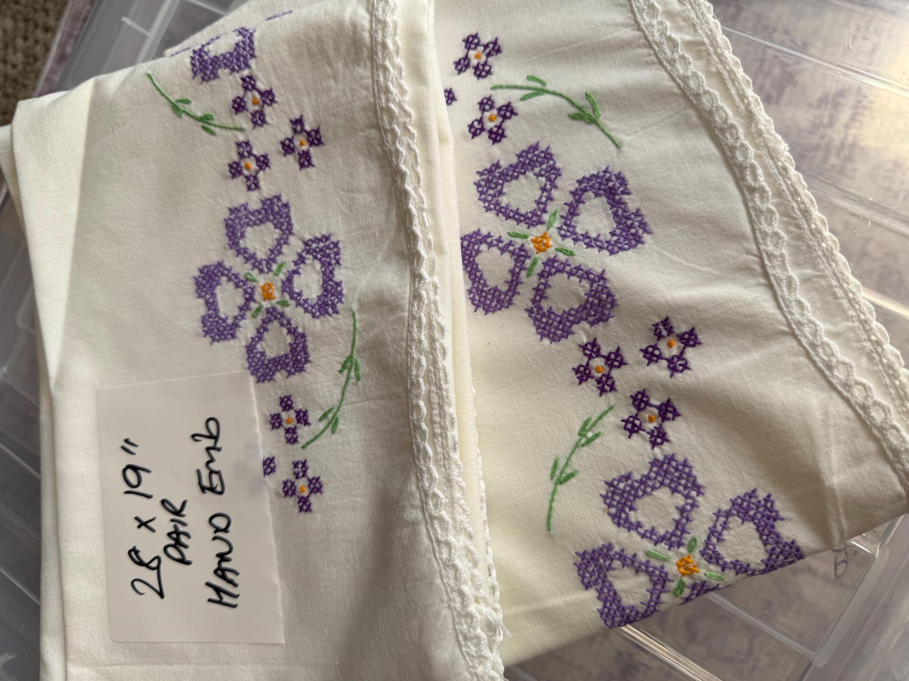 Vintage HAND embroidered floral pair of pillowcases purple flowers green pastels