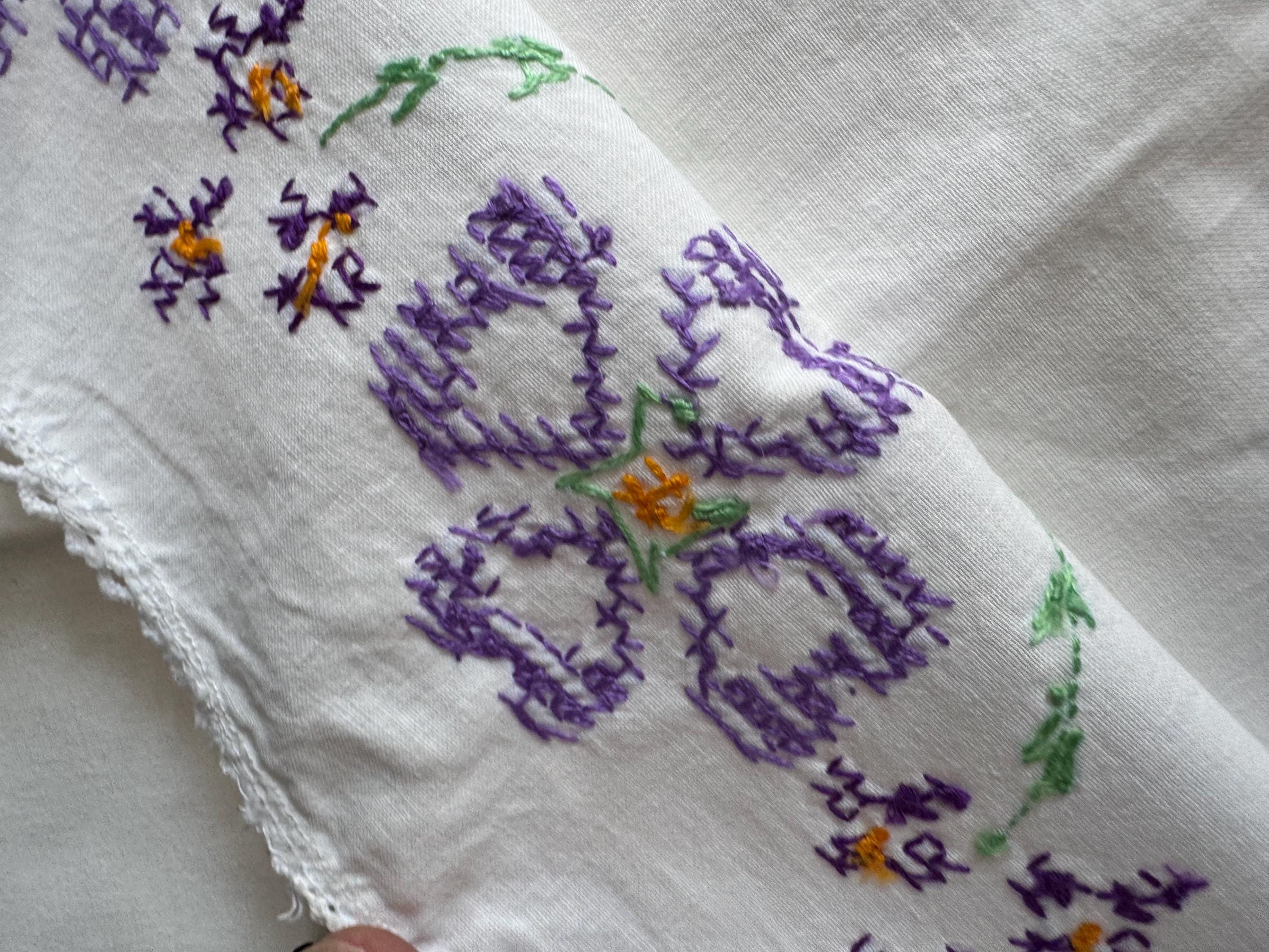 Vintage HAND embroidered floral pair of pillowcases purple flowers green pastels