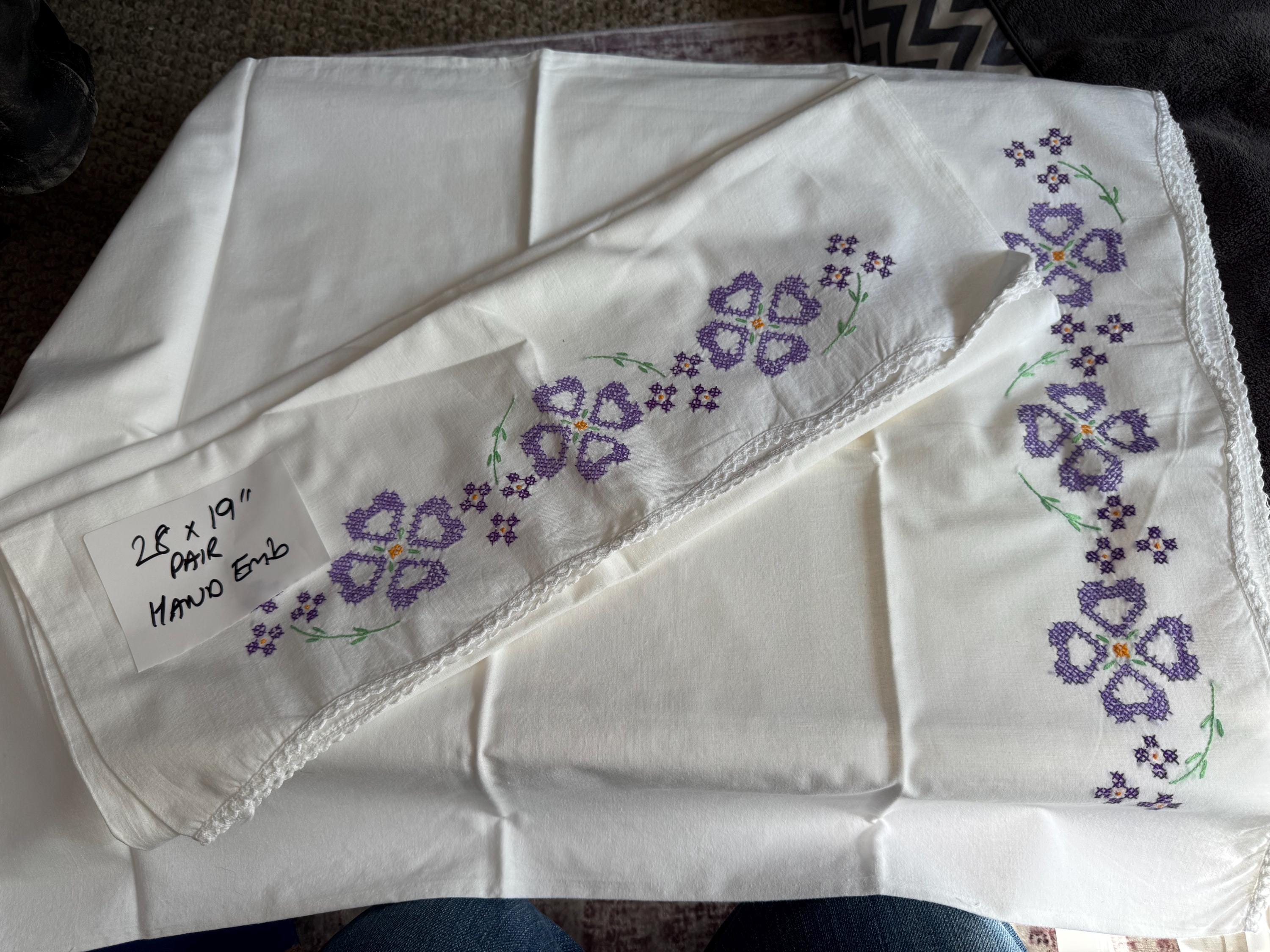 Vintage HAND embroidered floral pair of pillowcases purple flowers green pastels