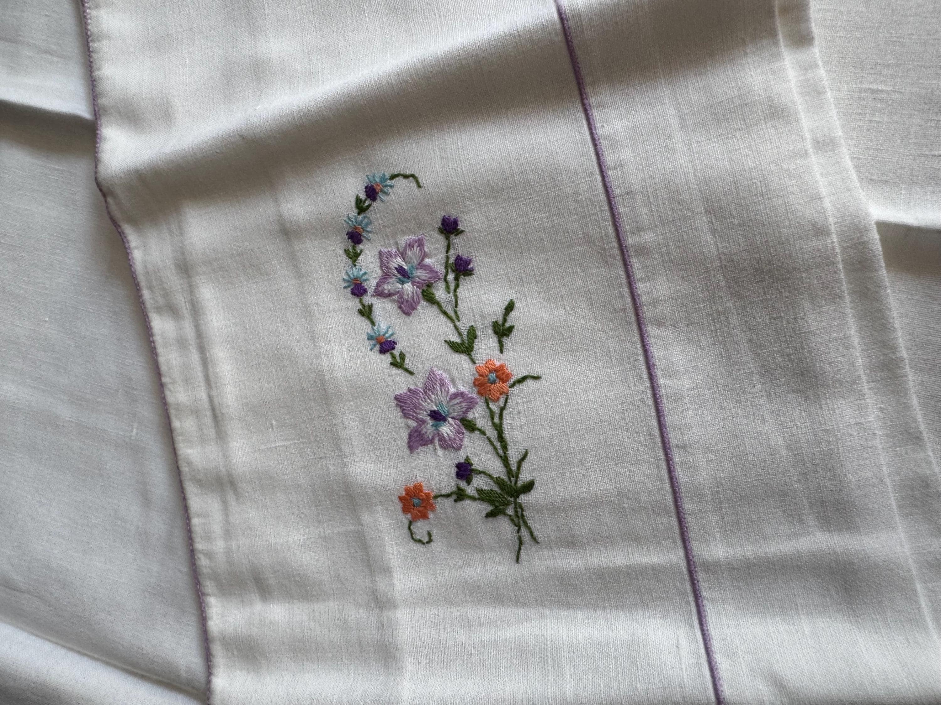 Pair / 2 cottage chateau chic bedding white cotton embroidered pillowcases spring colours lilac purple green floral flowers