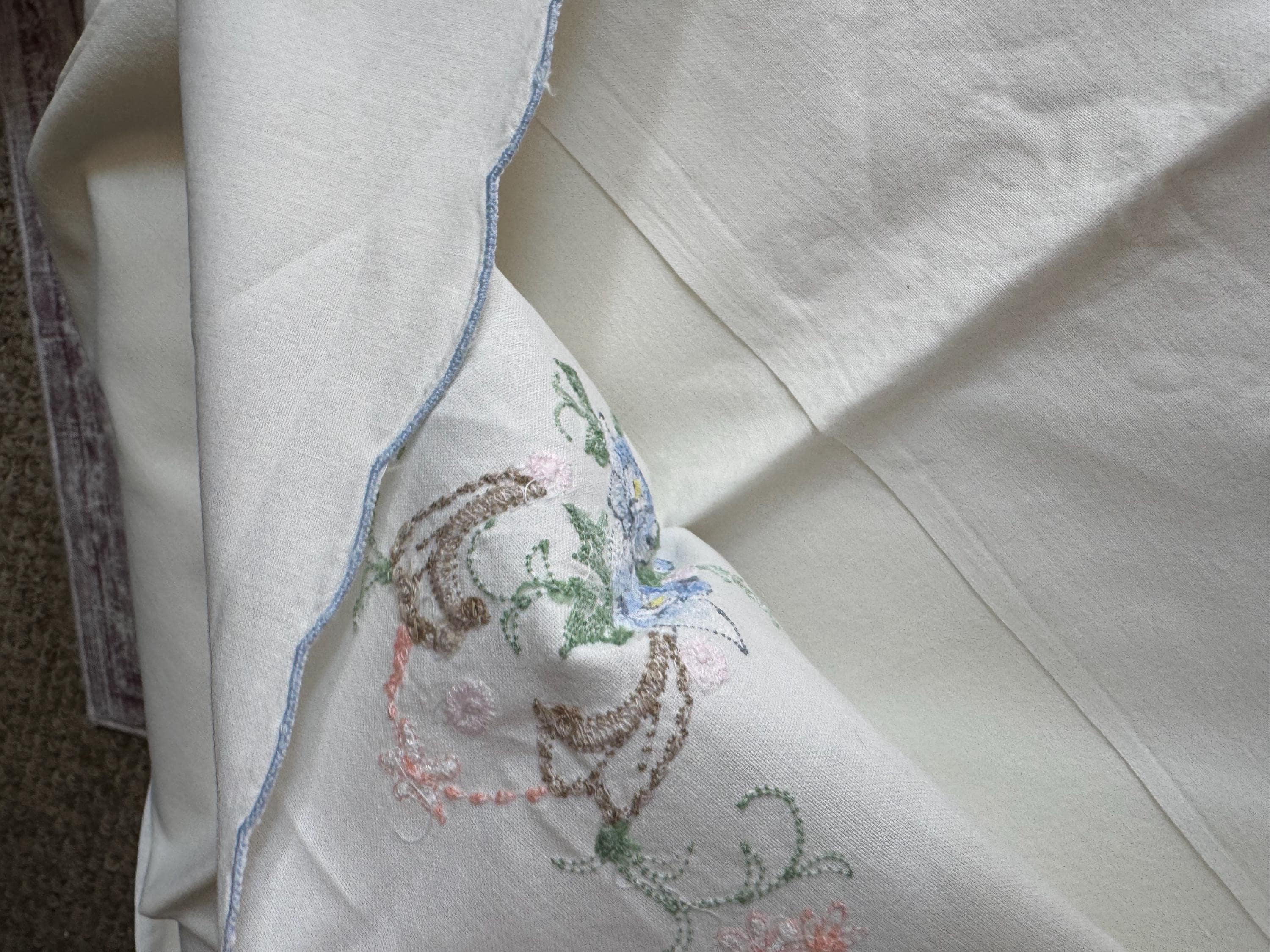 Pair / 2 Chateau chic bedding decor white cotton embroidered pillowcases with pink blue green floral flowers roses 28 x 16” inches
