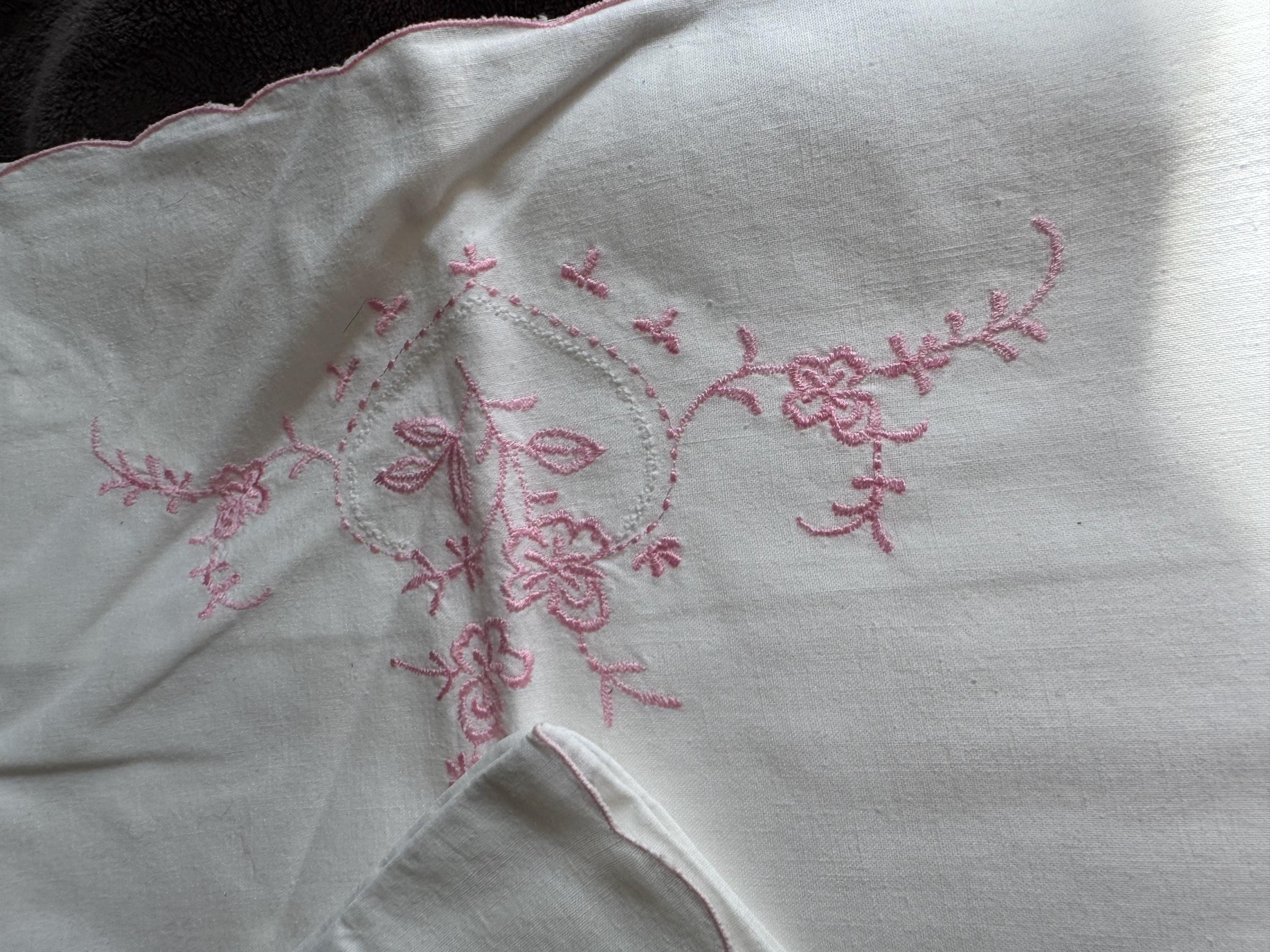 Pair / 2 Chateau chic bedding deco white crisp cotton embroidered pillowcases floral flowers 27 x 17 inch pink threadwork