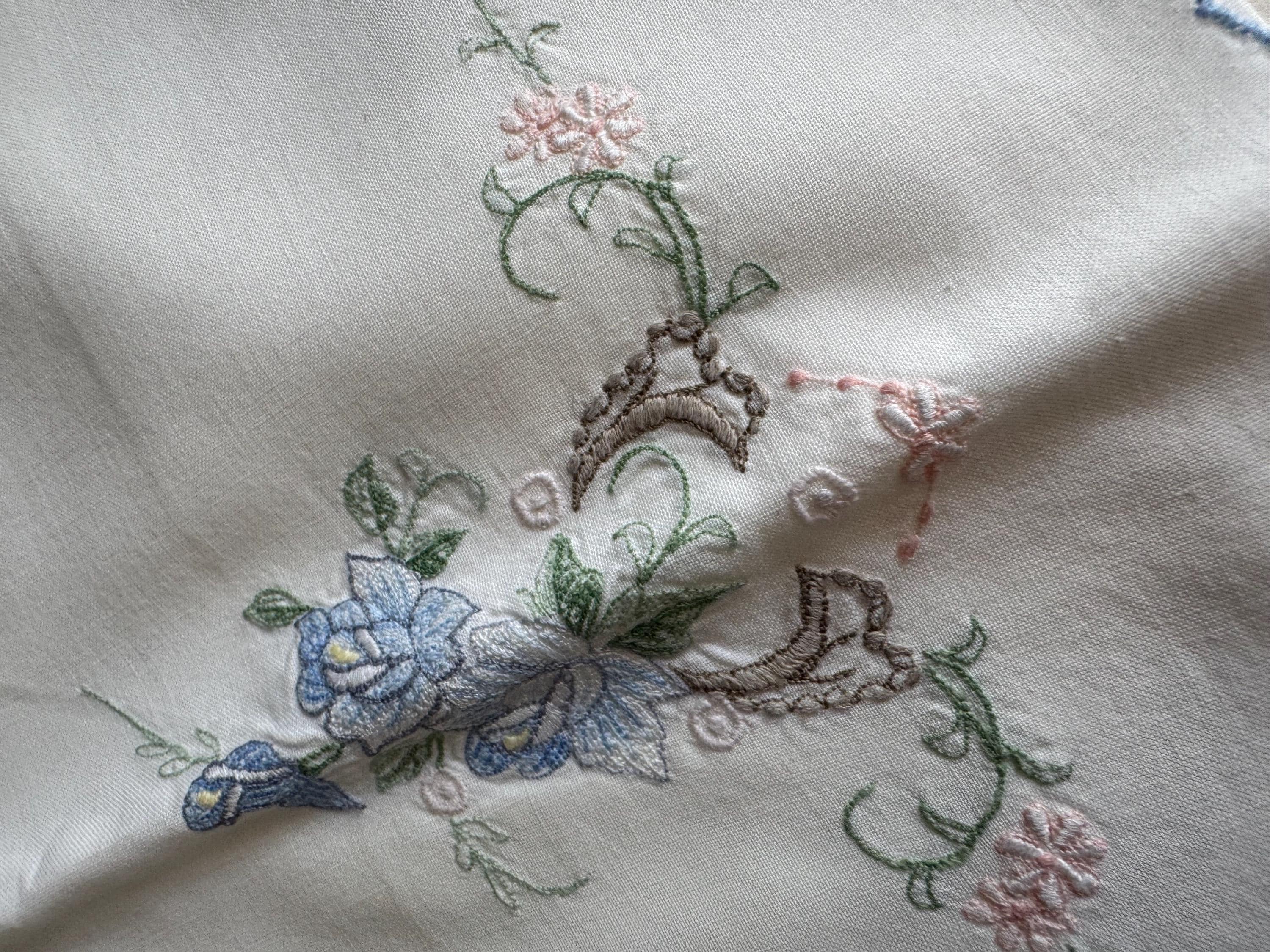 Pair / 2 Chateau chic bedding decor white cotton embroidered pillowcases with pink blue green floral flowers roses 28 x 16” inches