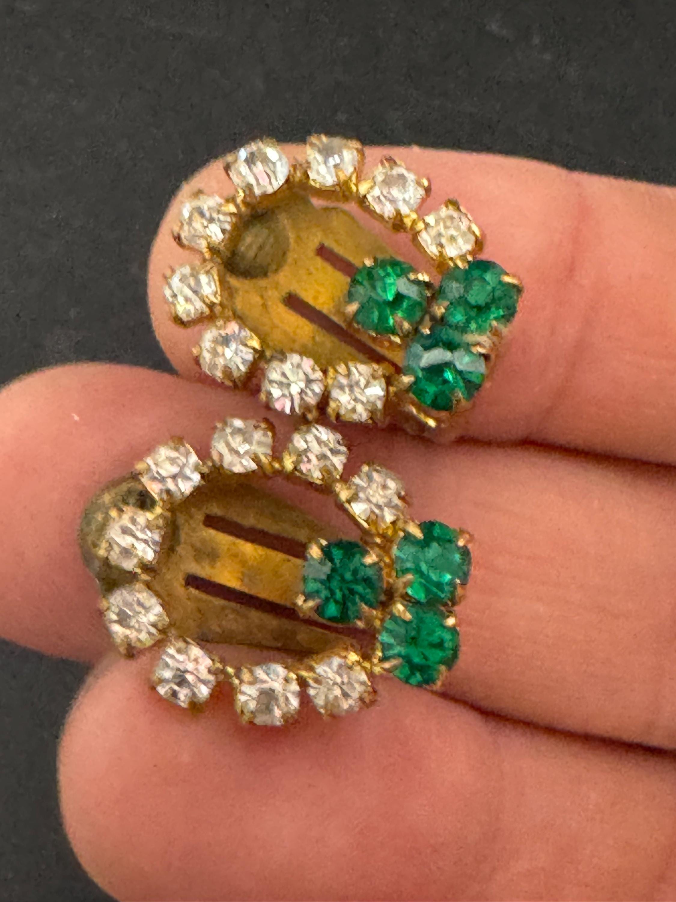 Vintage lucky shamrock clover Gold Tone Green glass diamanté Clip On Earrings, Emerald Rhinestone studs