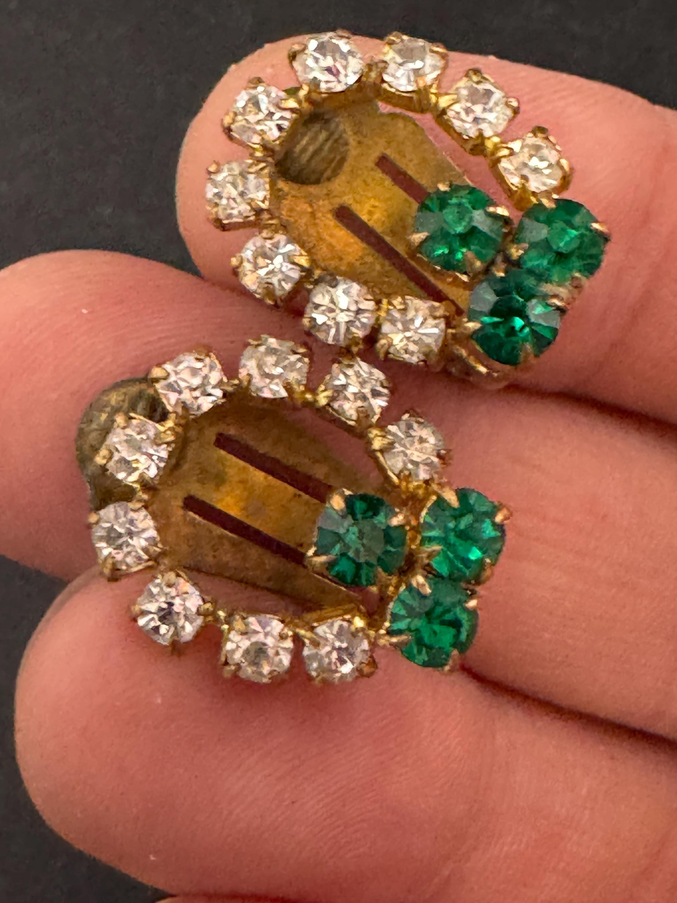 Vintage lucky shamrock clover Gold Tone Green glass diamanté Clip On Earrings, Emerald Rhinestone studs