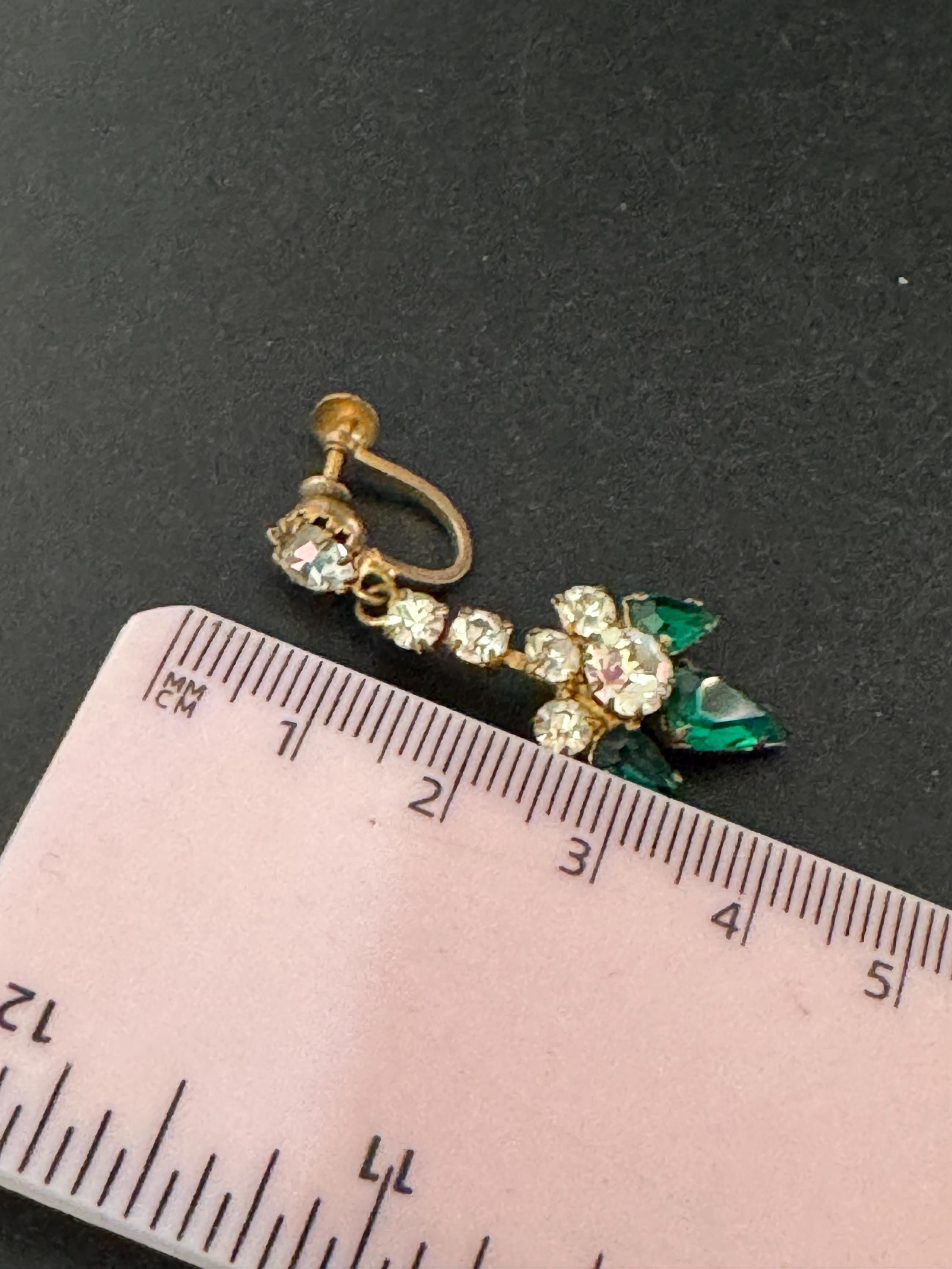 Vintage Diamanté Emerald Green 3cm Drop Rhinestone Clip On Earrings , Gold Tone
