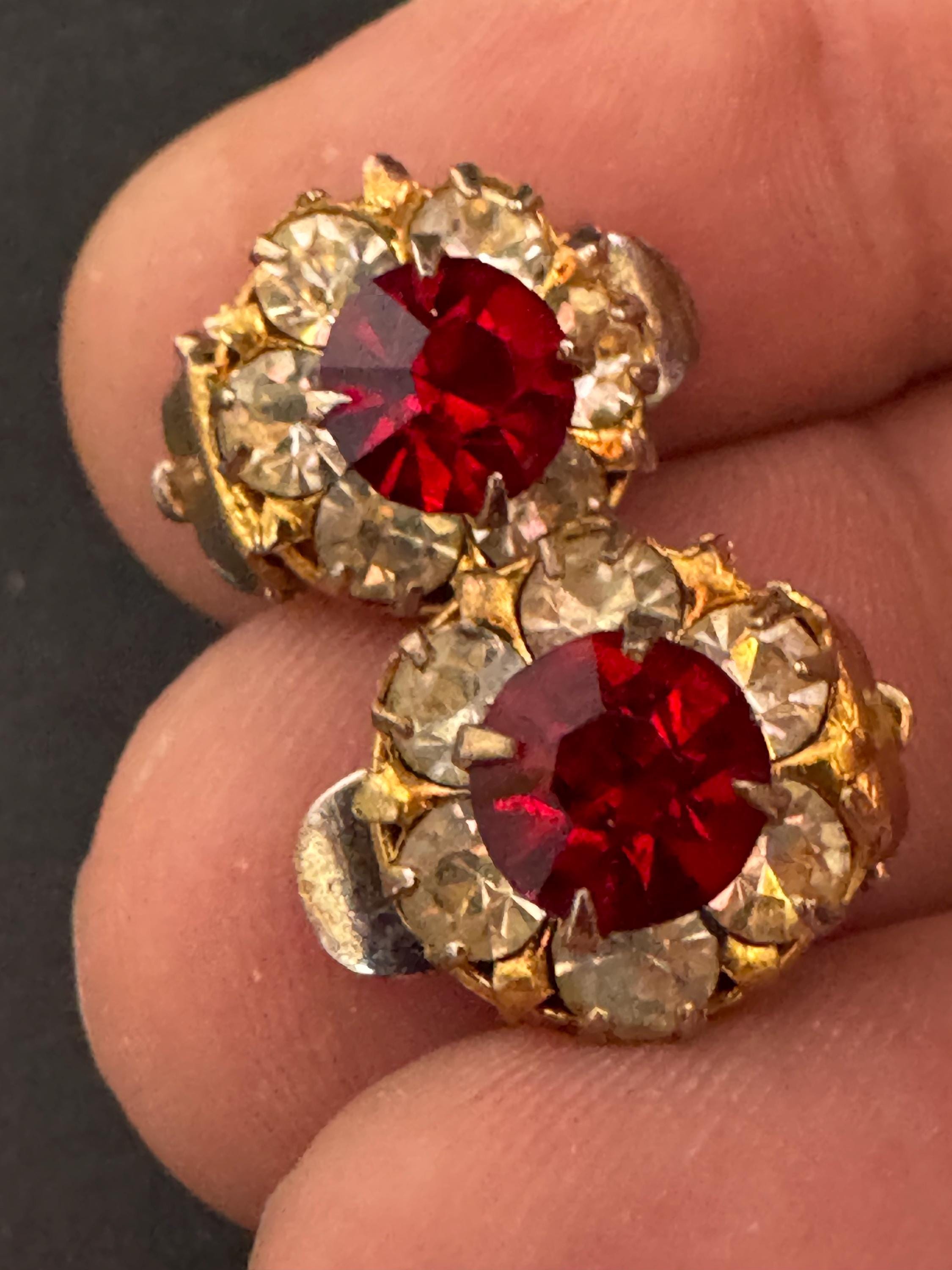 vintage dainty silver tone ruby red and clear rhinestone round earrings
