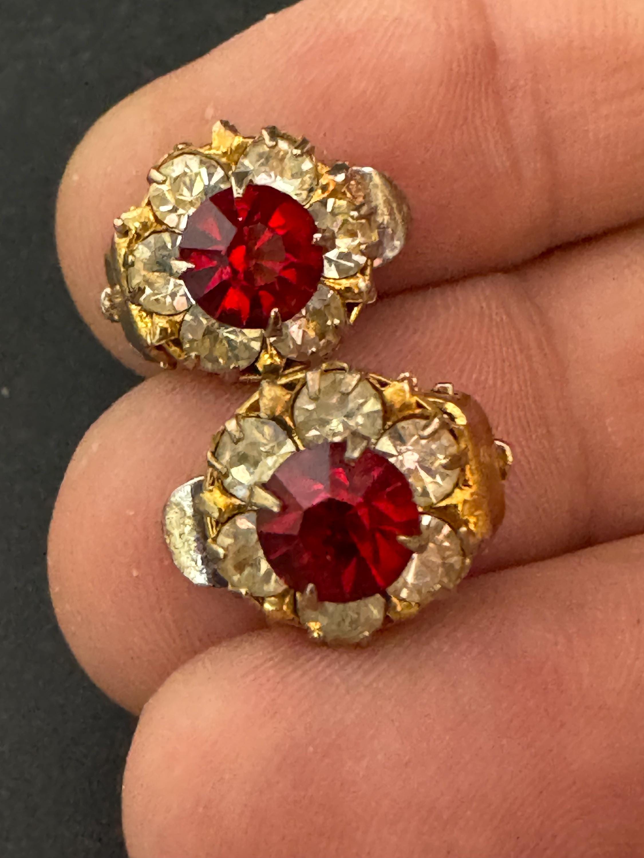 vintage dainty silver tone ruby red and clear rhinestone round earrings