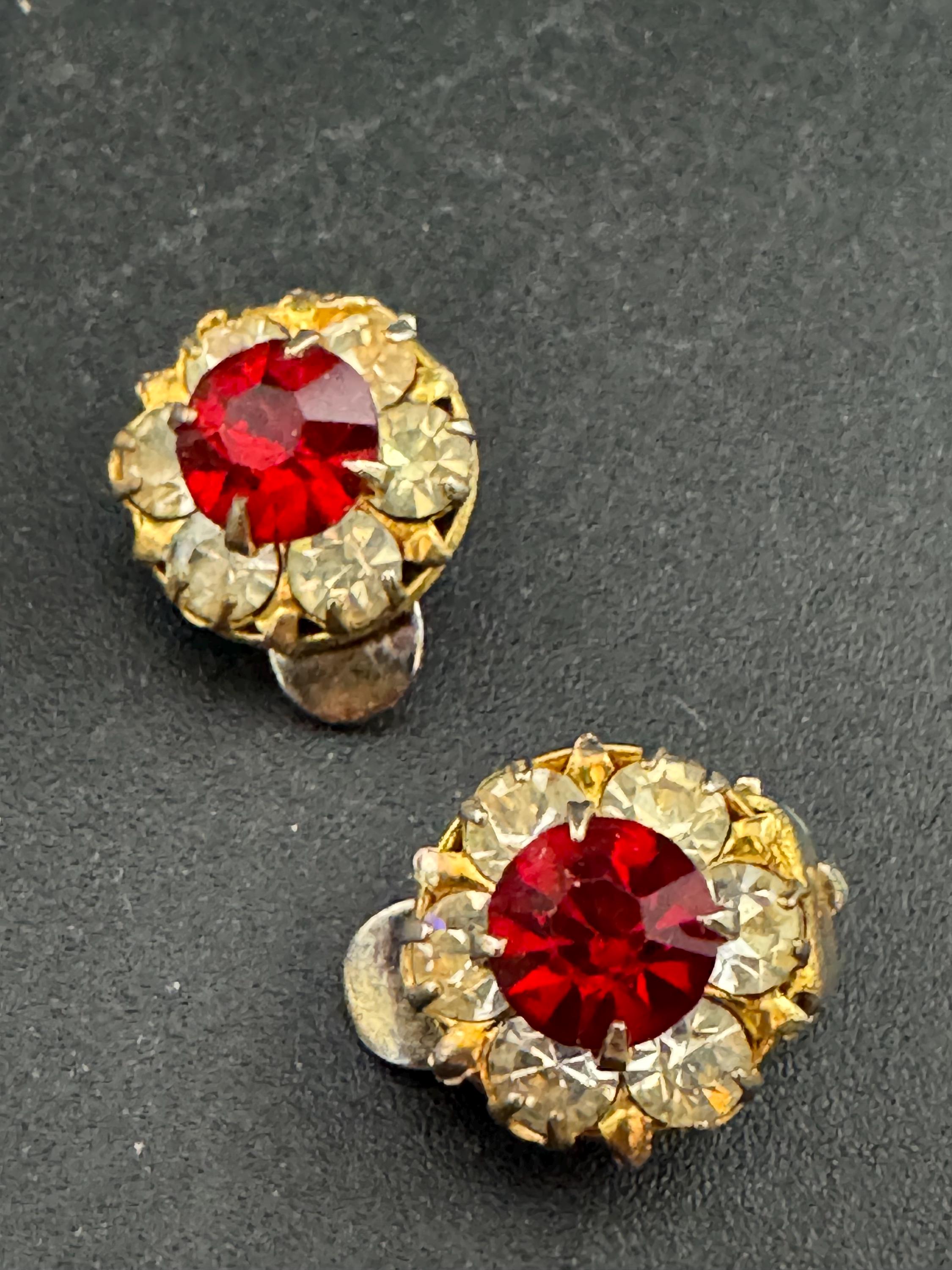 vintage dainty silver tone ruby red and clear rhinestone round earrings