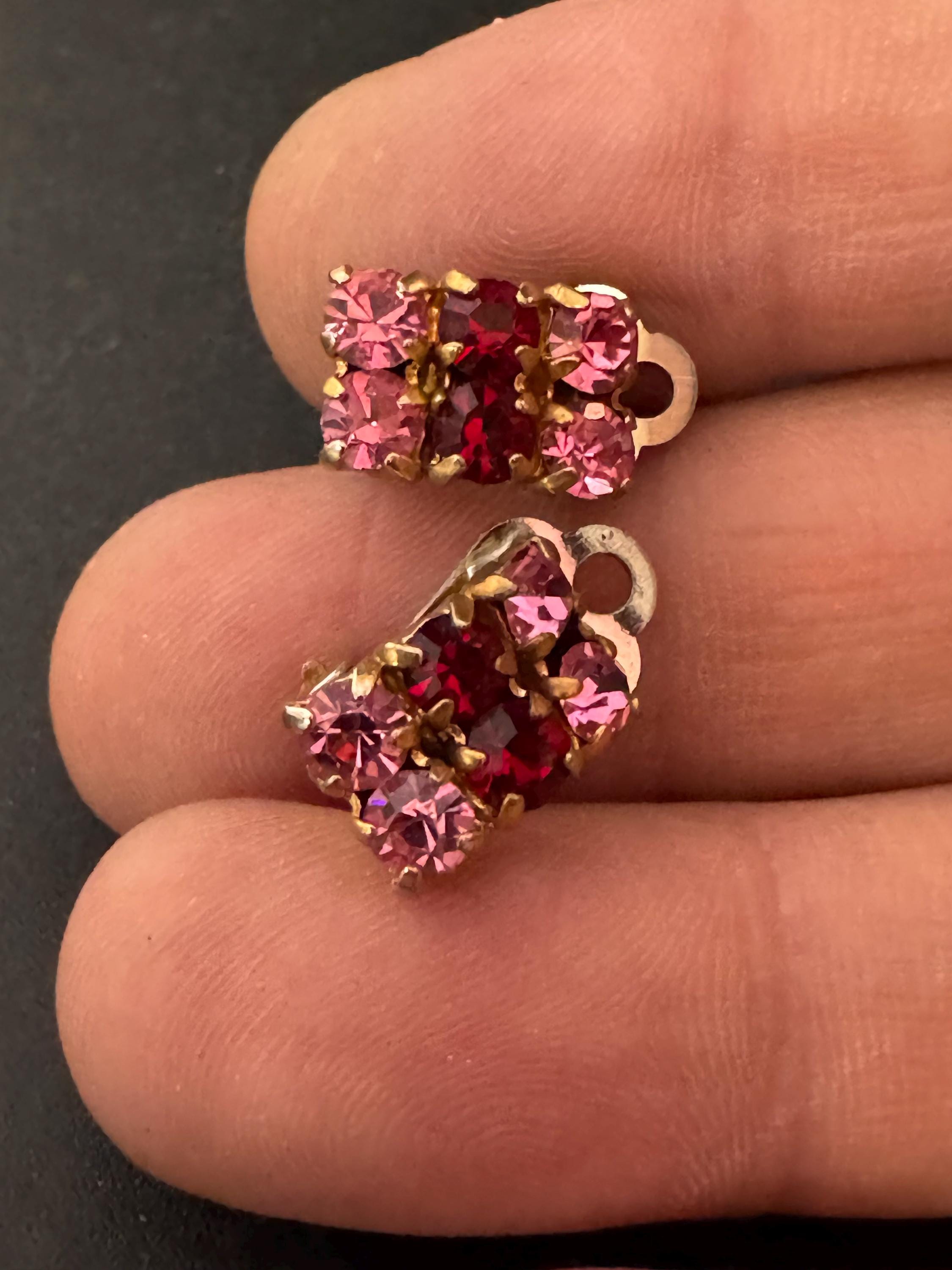 Vintage Pink Rhinestone small Clip On Stud Earrings Mid Century 1950s