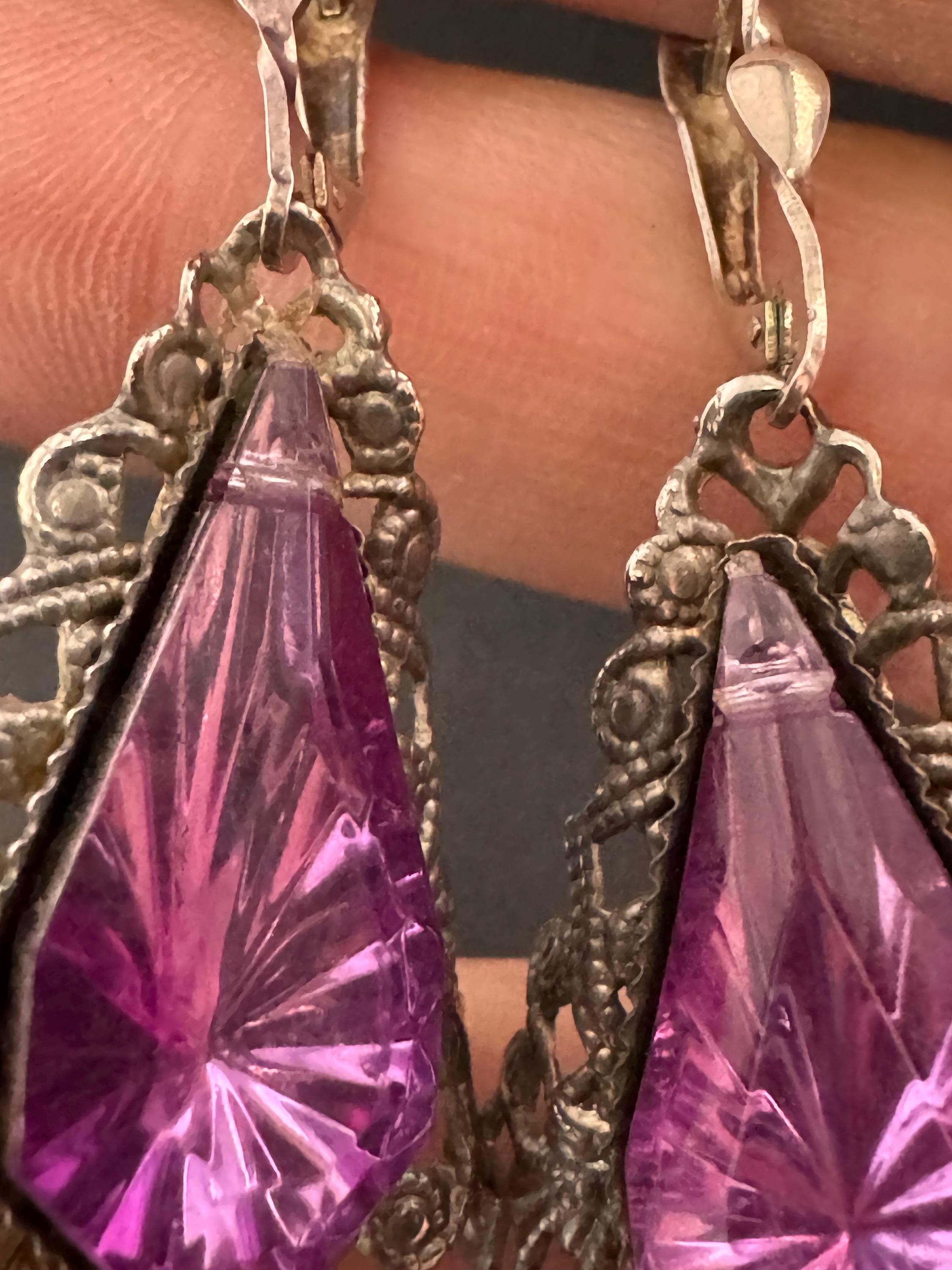Vintage Czech pink ruby Rhinestone Long Drop pierced filigree dangly Earrings