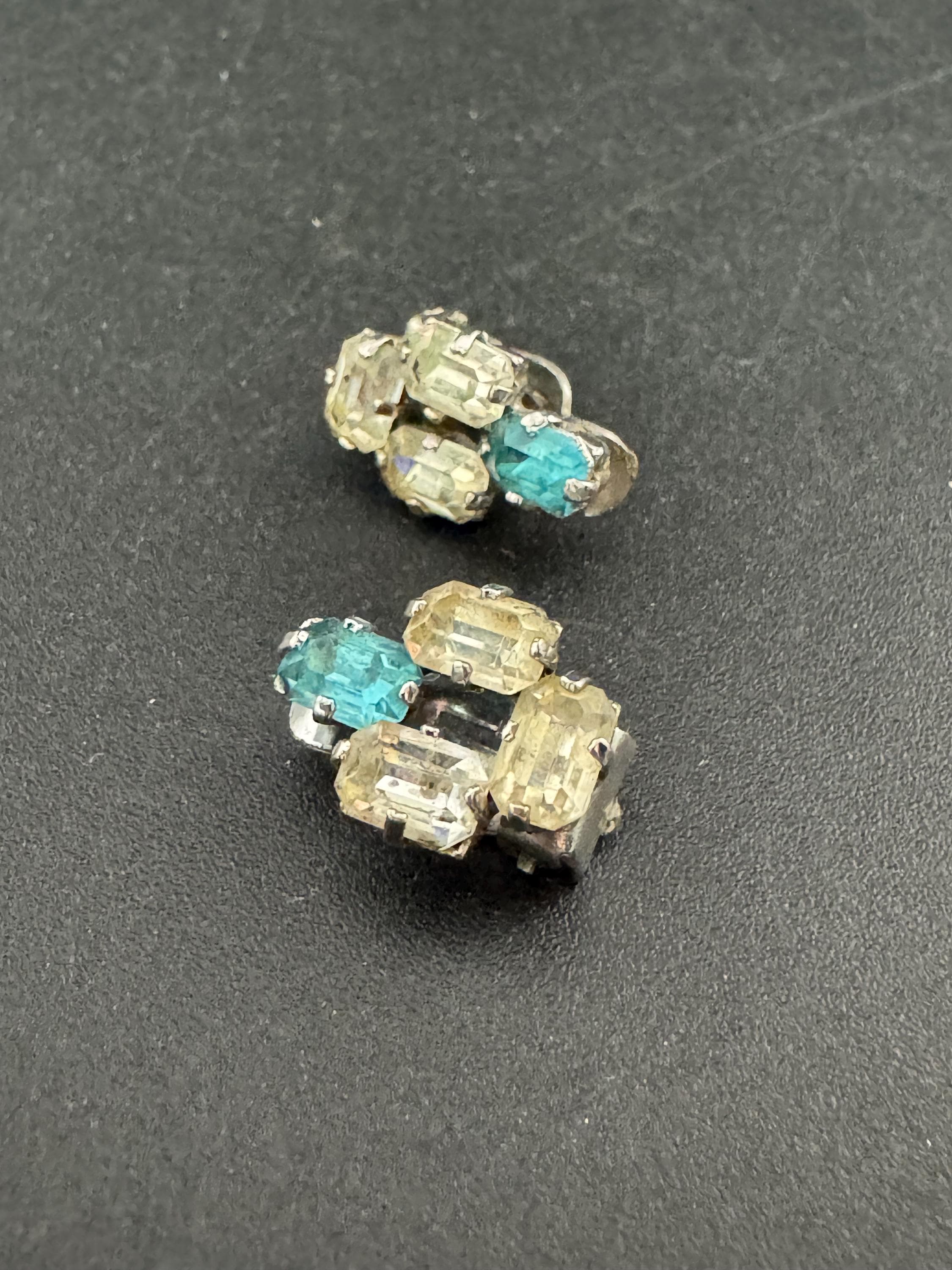 Vintage Diamante Clip On Earrings: Silver Tone Sapphire & Turquoise