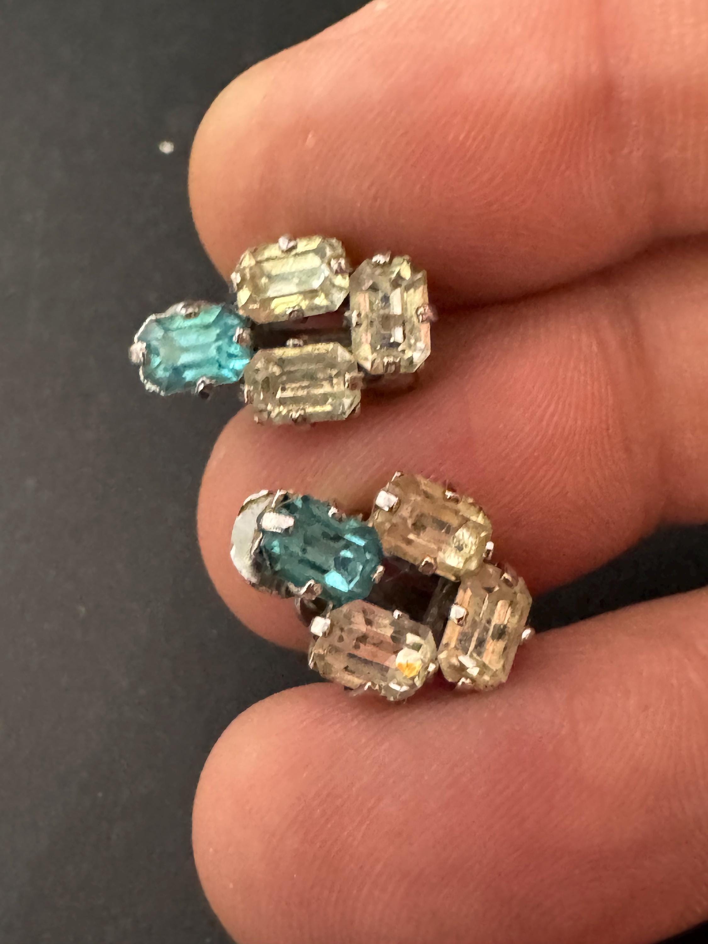 Vintage Diamante Clip On Earrings: Silver Tone Sapphire & Turquoise