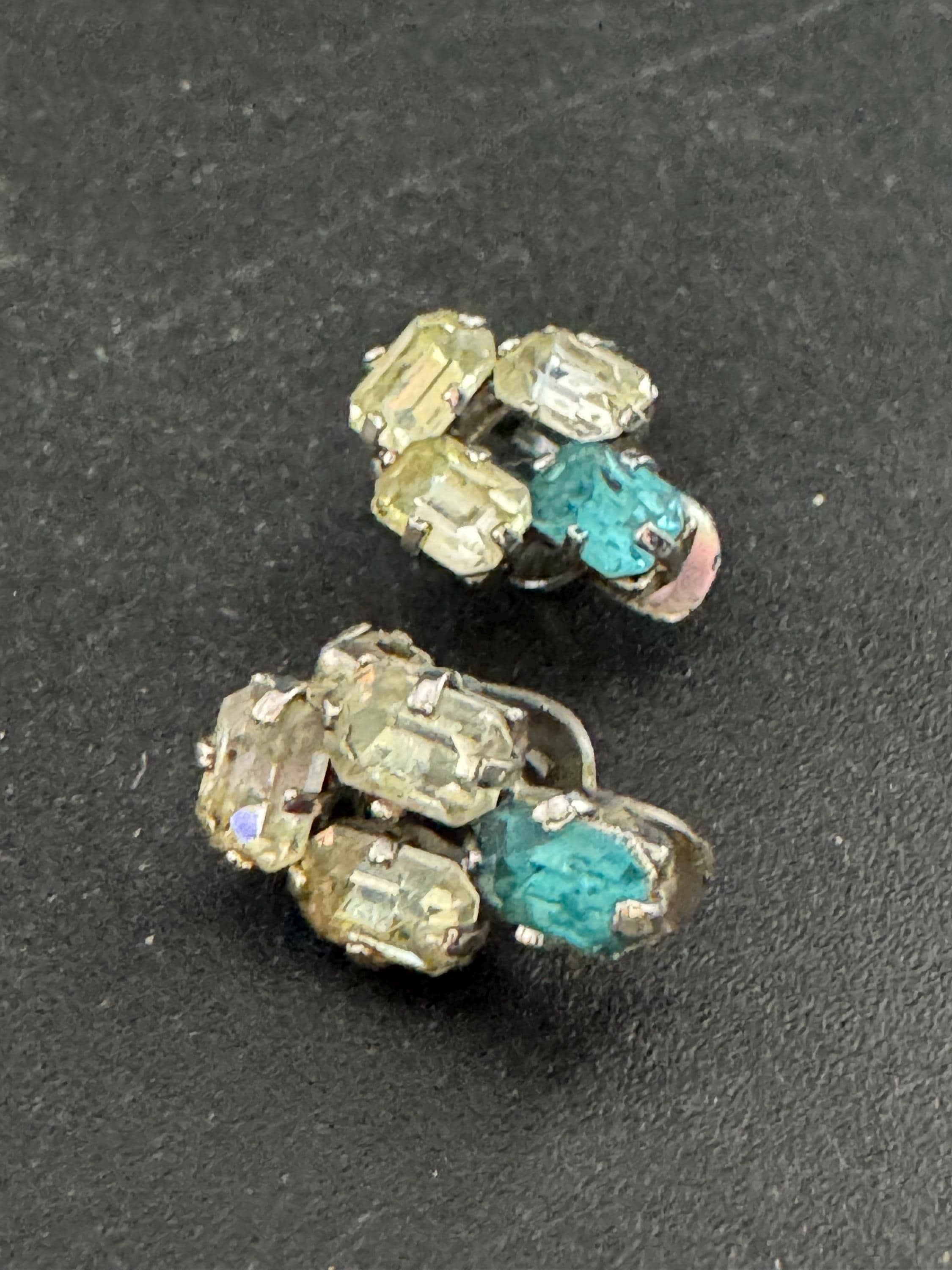 Vintage Diamante Clip On Earrings: Silver Tone Sapphire & Turquoise