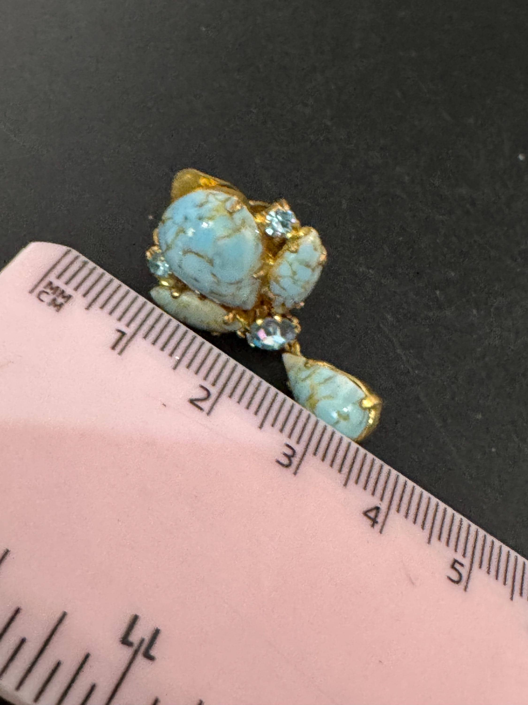 Vintage west German turquoise beaded sapphire rhinestone dangly clip on earrings, art deco