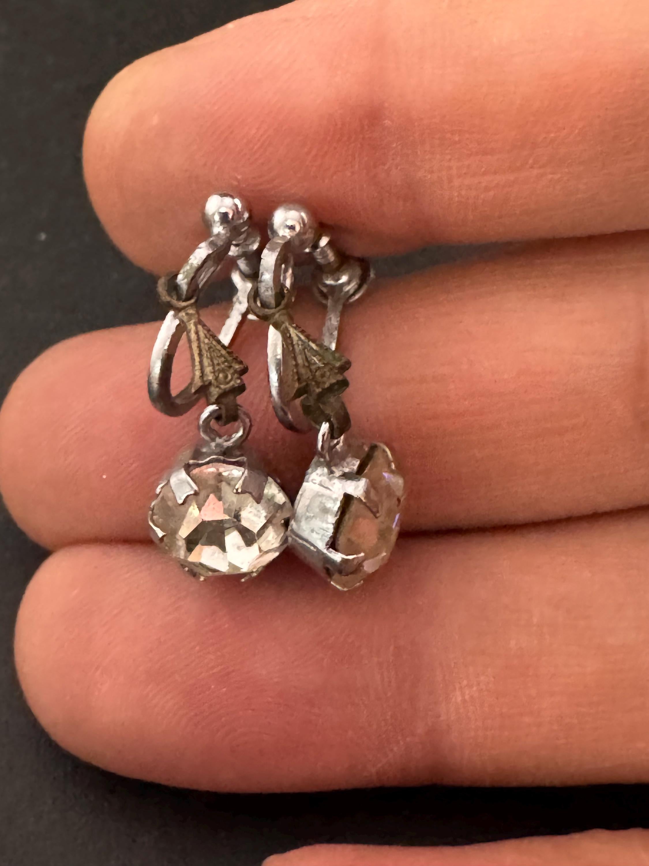 Vintage Clear Diamanté long 2cm Drop Paste rhinestone Clip On Earrings screw back