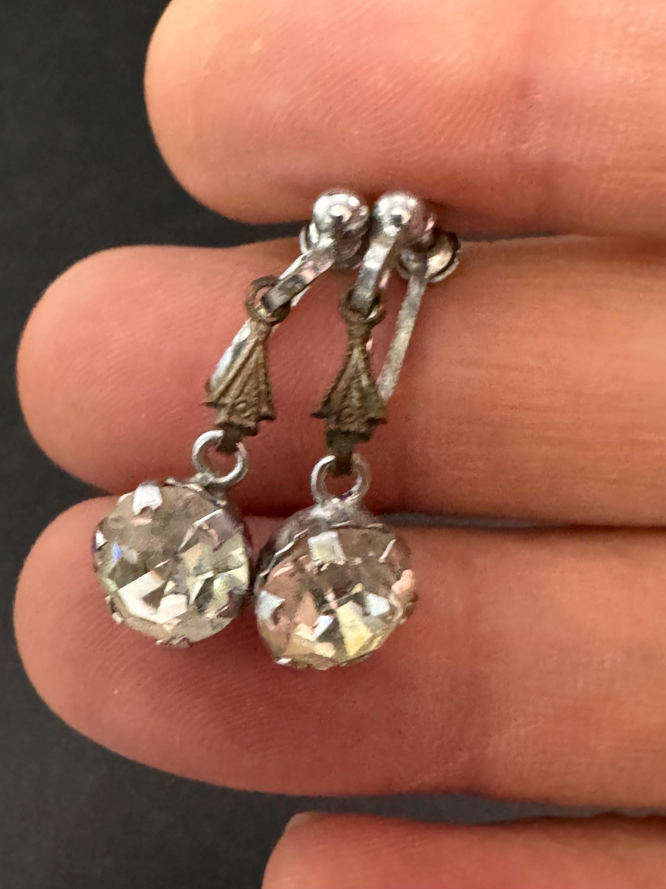 Vintage Clear Diamanté long 2cm Drop Paste rhinestone Clip On Earrings screw back