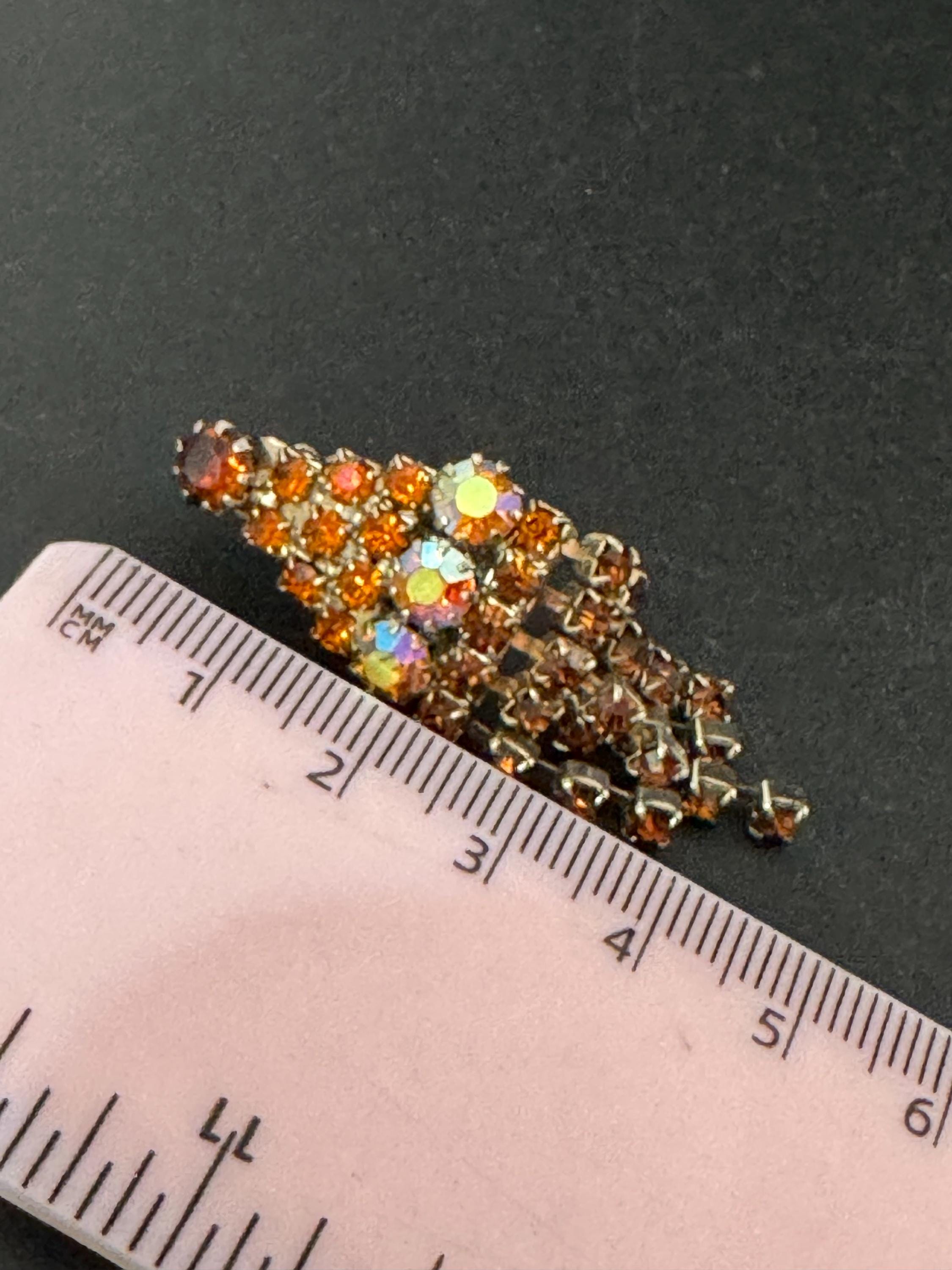 Vintage 1960s AB and brown cognac glass gold tone rhinestone clip On drop Earrings
