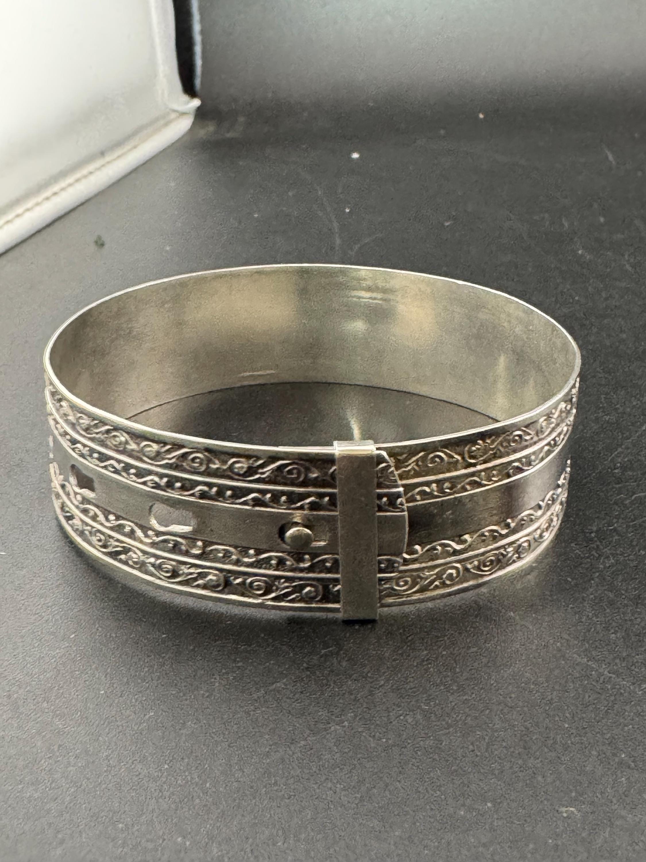 Vintage art deco 925 sterling silver wide belt buckle adjustable Cuff Bangle Bracelet 19.5 grams engine turned