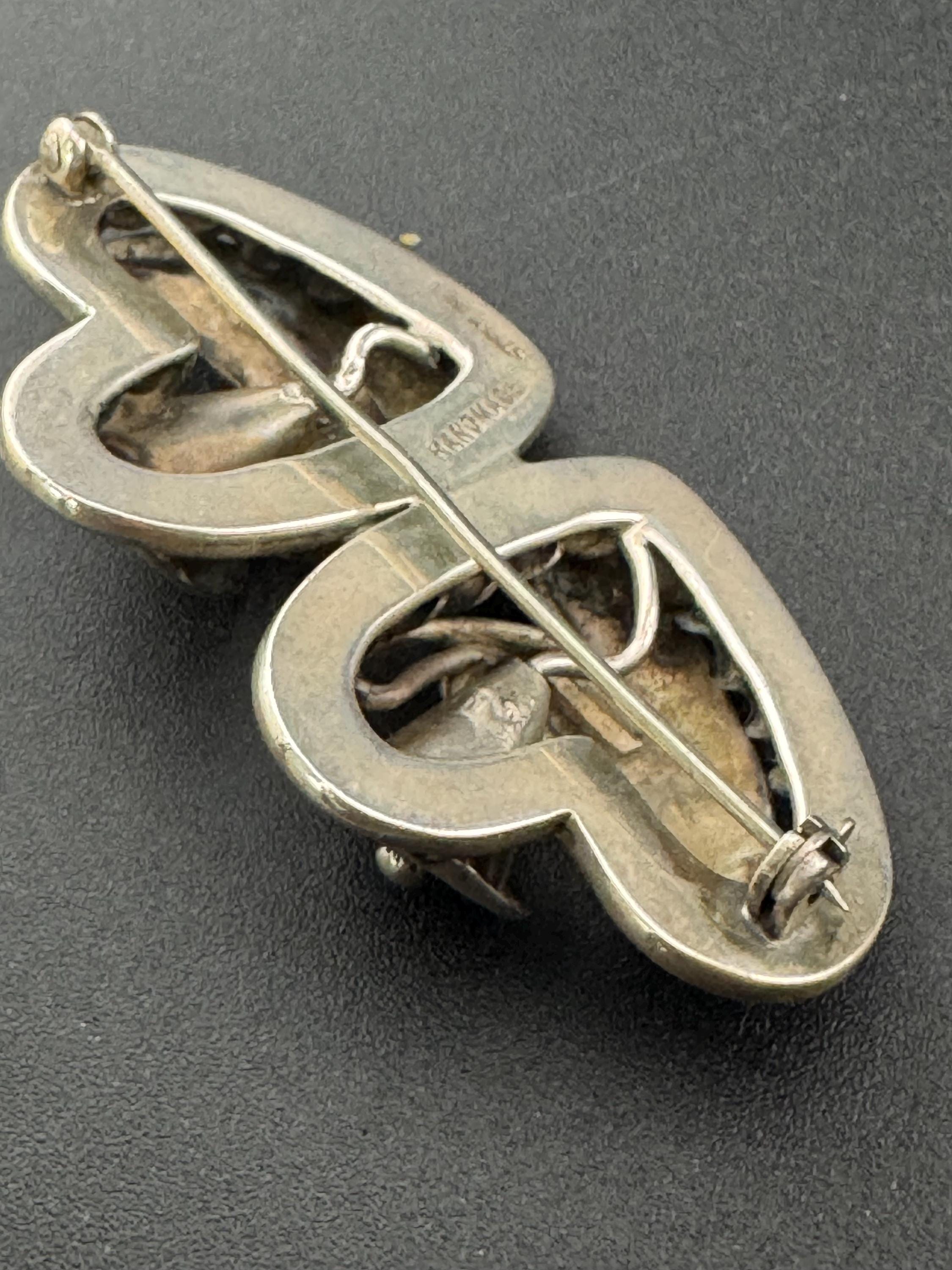Weighty vintage stamped handmade sterling, 925 silver double love heart brooch with Lily flowers , in remembrance 13 grams sweetheart pin