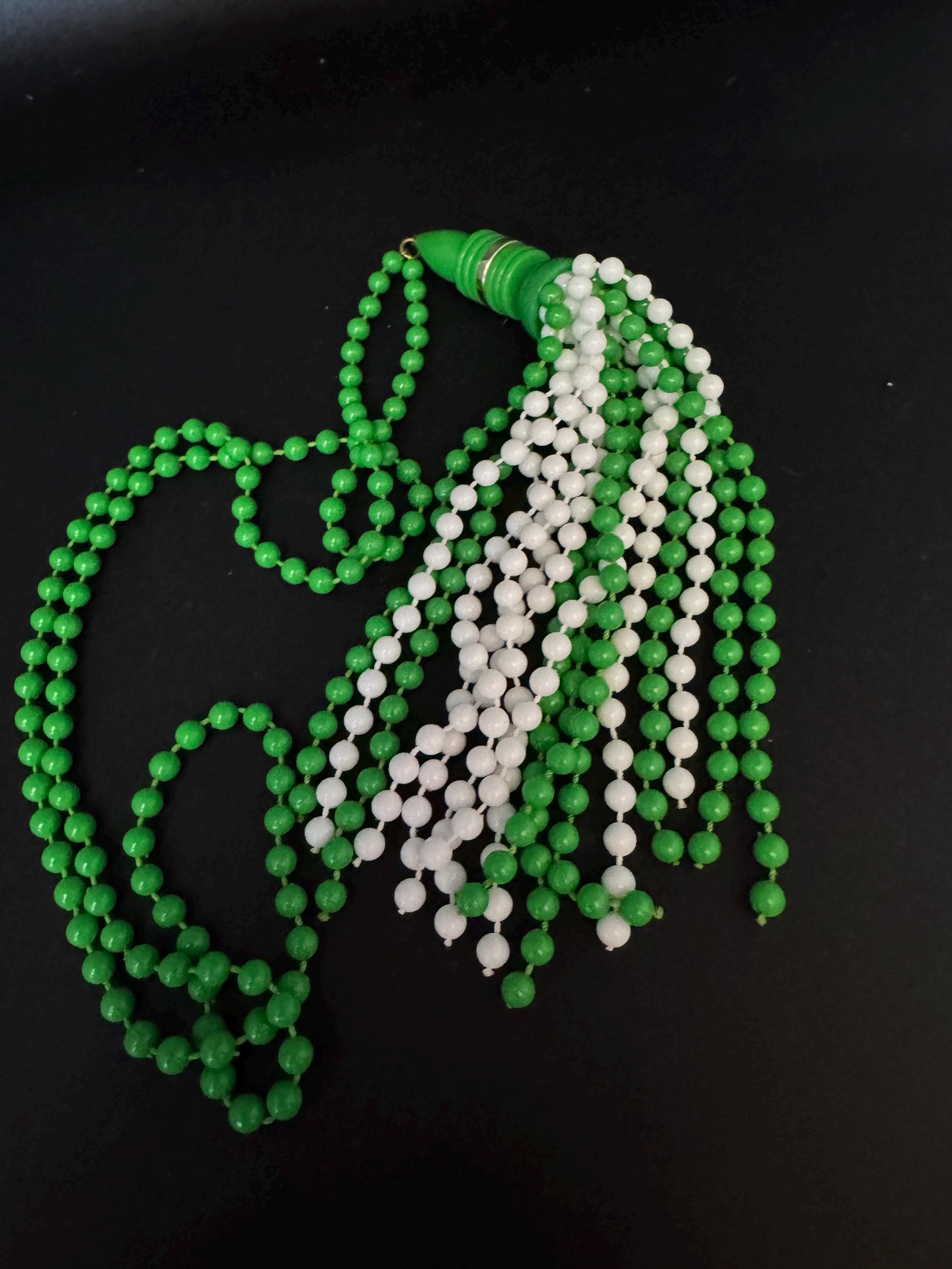 Vintage 1960s bright green and white plastic beaded long tassel necklace 76cm long