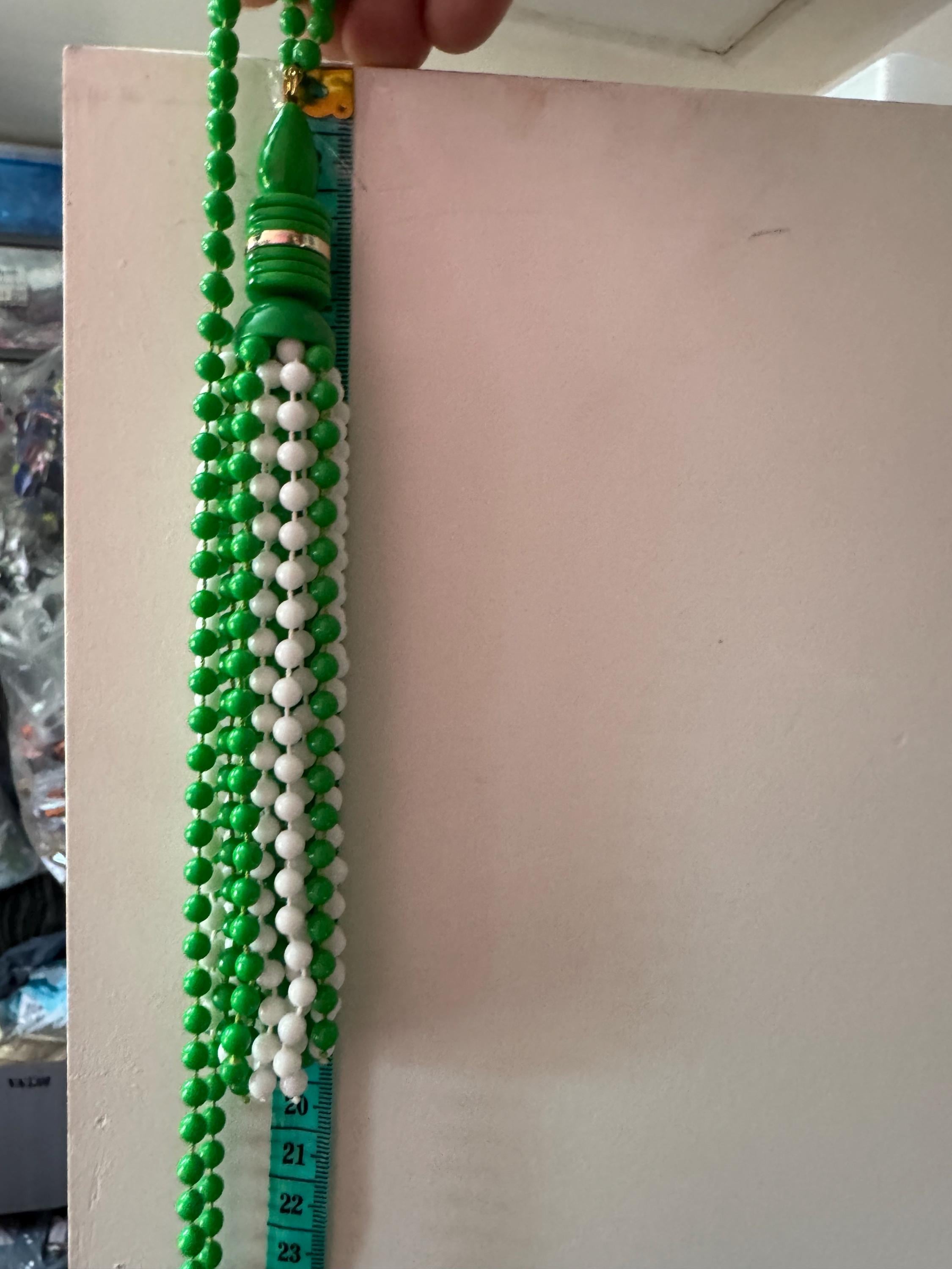 Vintage 1960s bright green and white plastic beaded long tassel necklace 76cm long
