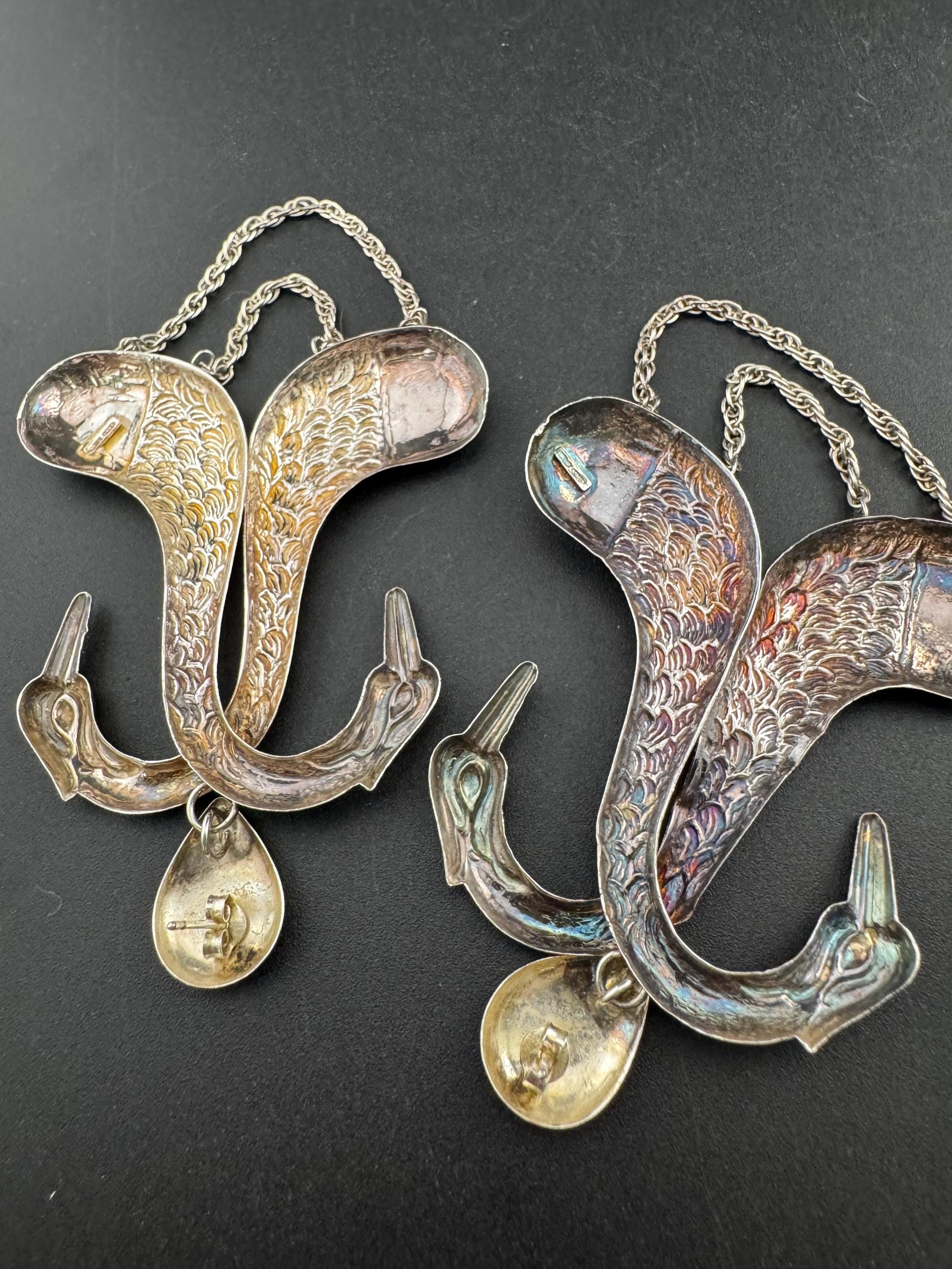 Whopping 10cm Vintage lightweight Sterling silver long swan birds pierced drop earrings 925