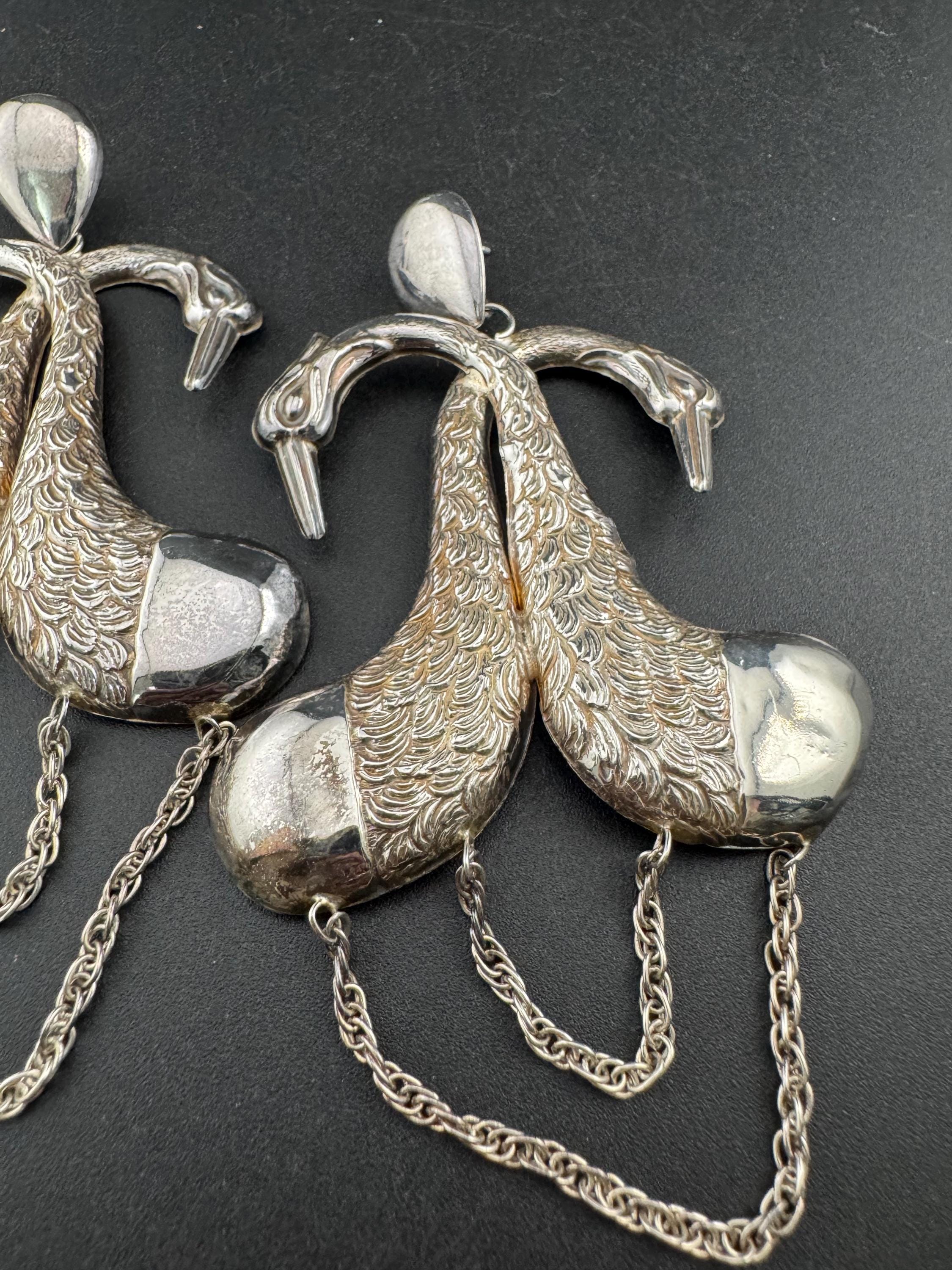 Whopping 10cm Vintage lightweight Sterling silver long swan birds pierced drop earrings 925