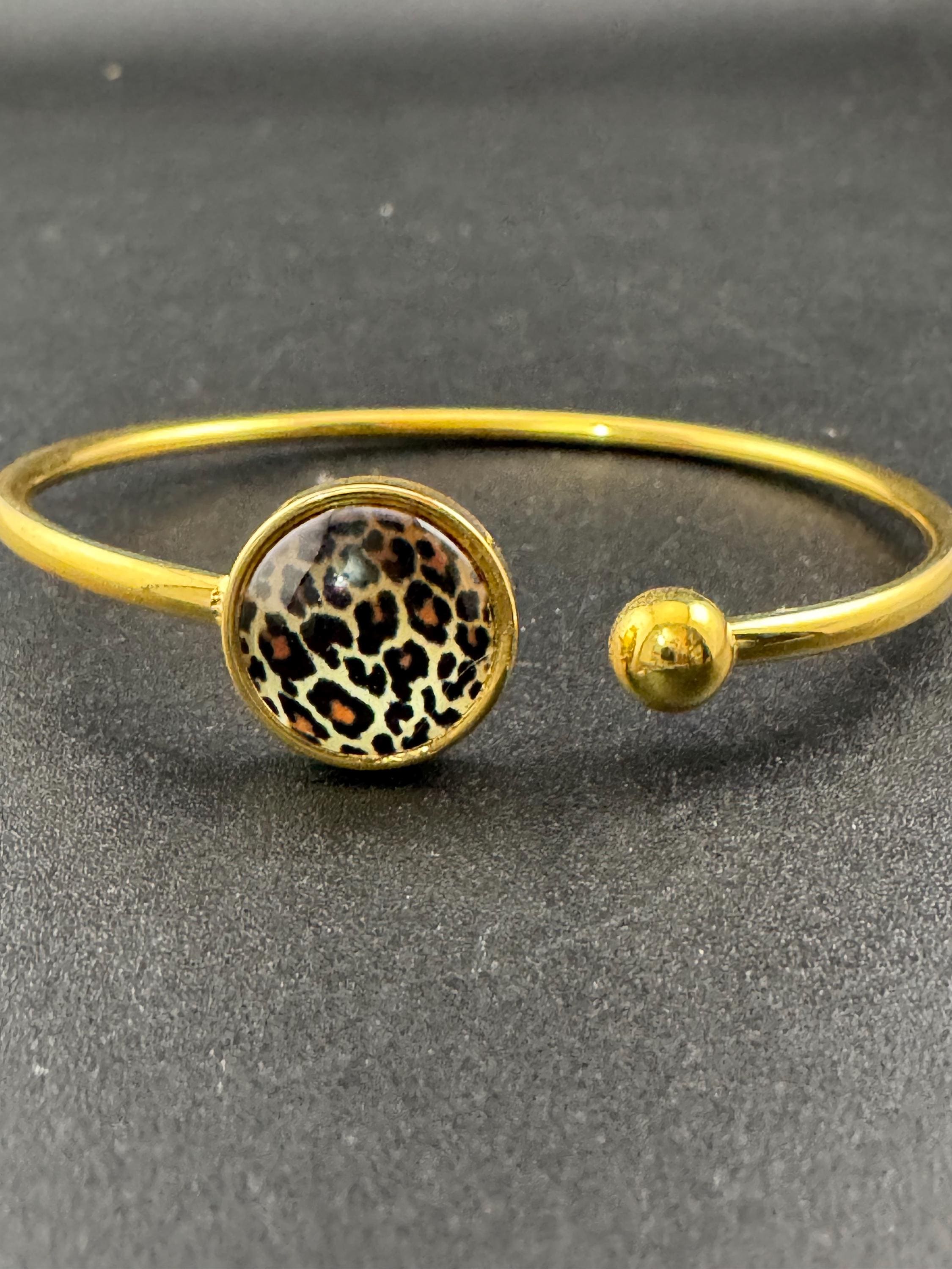 Leopard print gold tone stainless steel glass 12mm cabochon bangle bracelet, dainty slim bangles