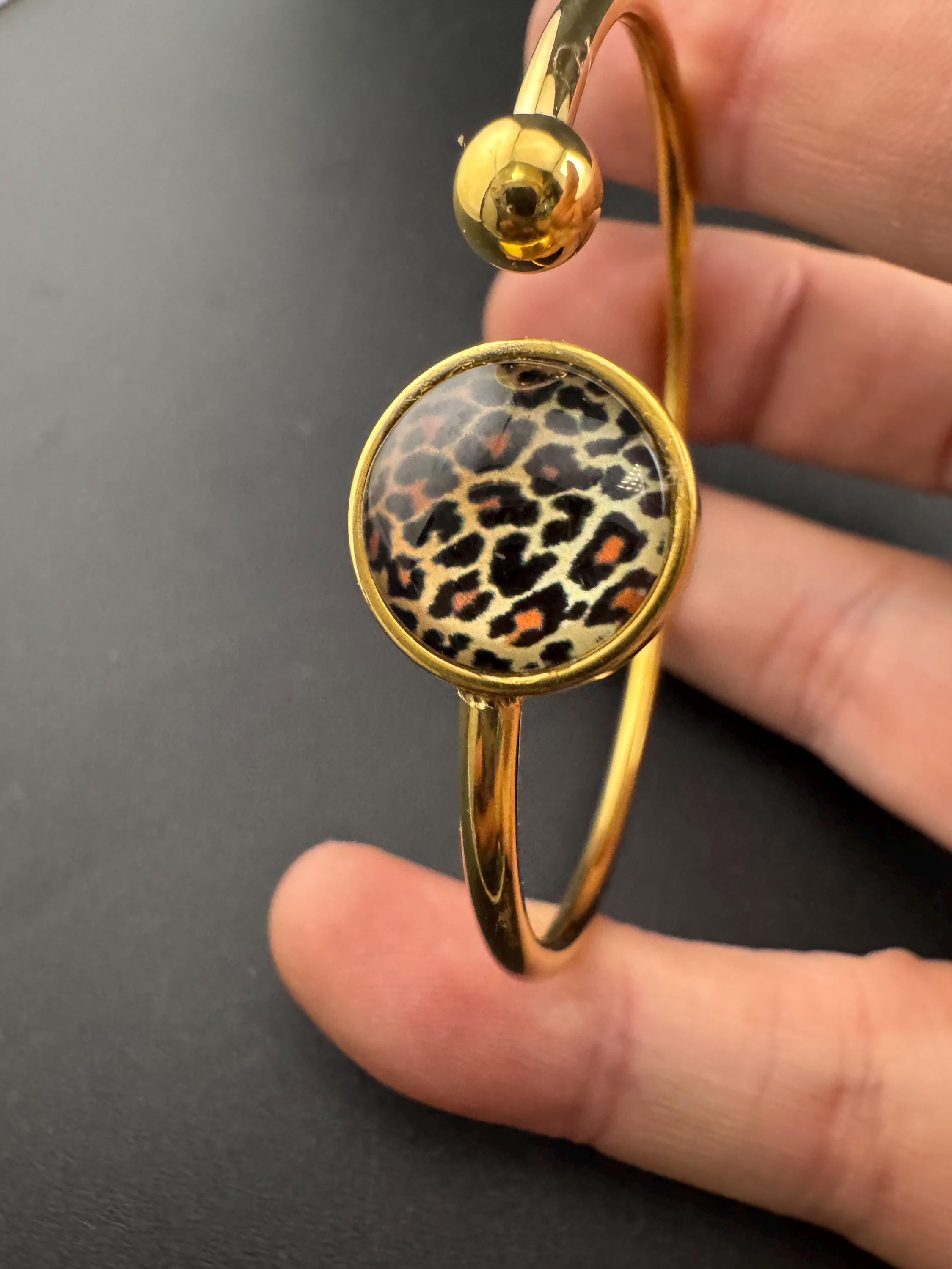 Leopard print gold tone stainless steel glass 12mm cabochon bangle bracelet, dainty slim bangles