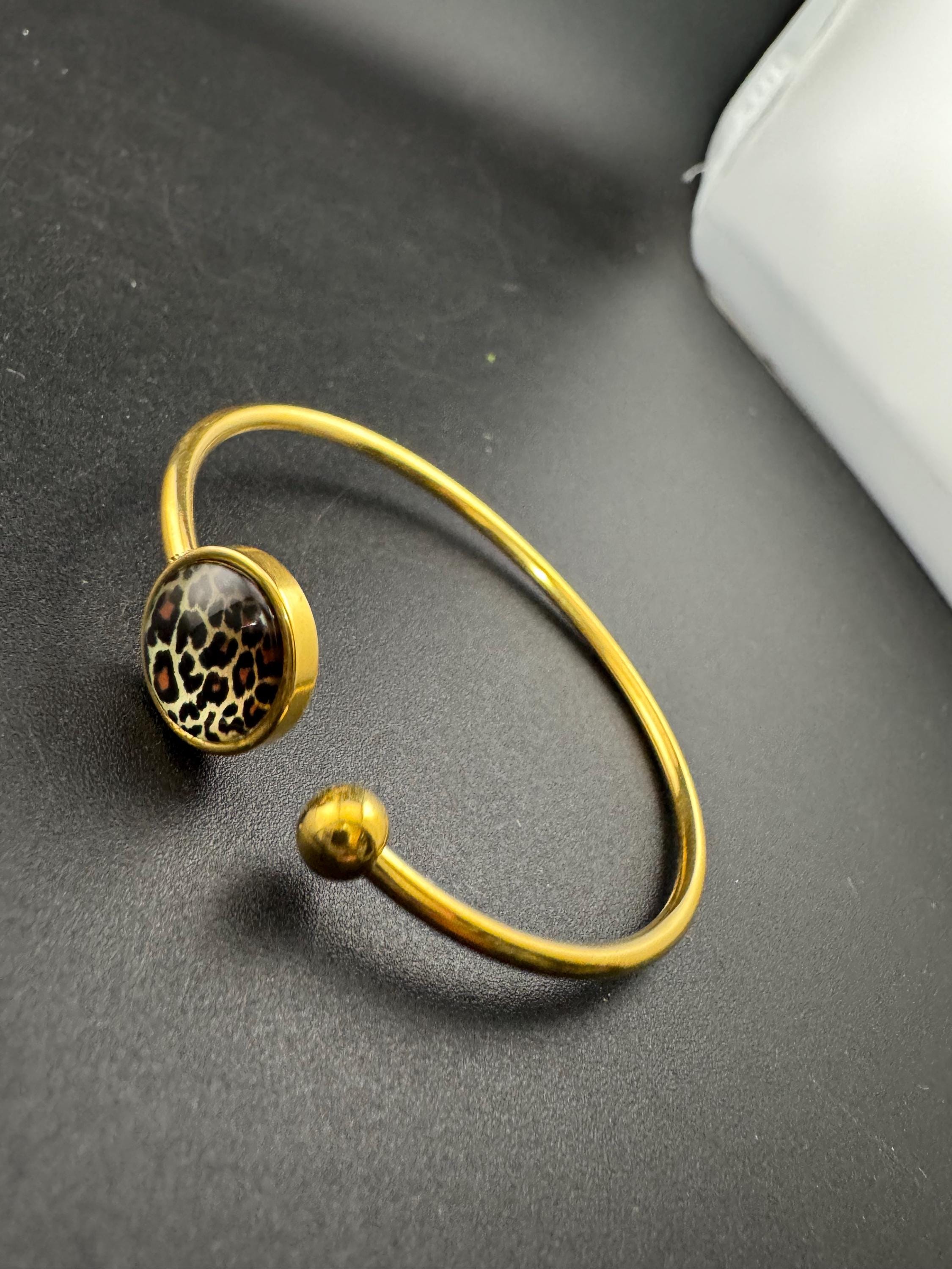 Leopard print gold tone stainless steel glass 12mm cabochon bangle bracelet, dainty slim bangles