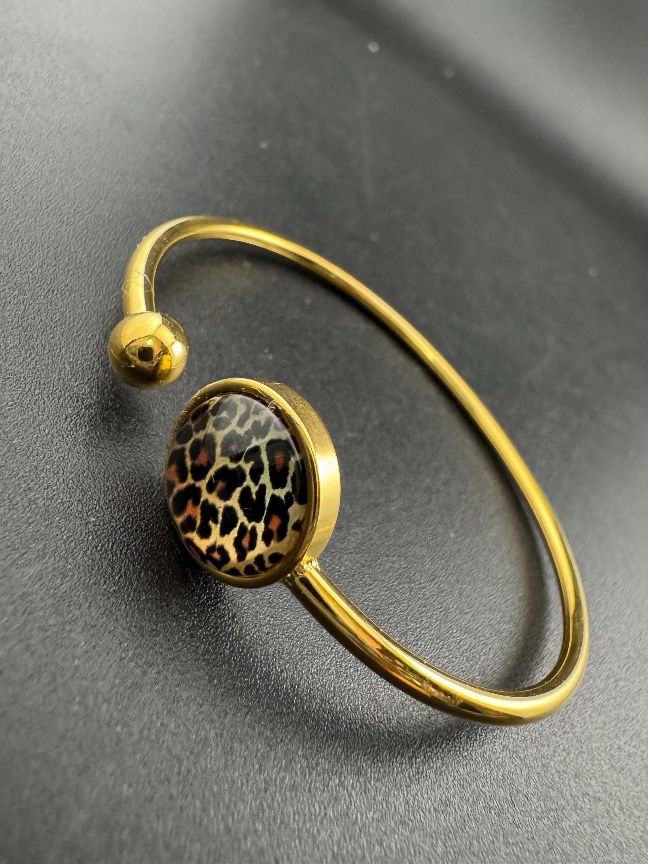 Leopard print gold tone stainless steel glass 12mm cabochon bangle bracelet, dainty slim bangles