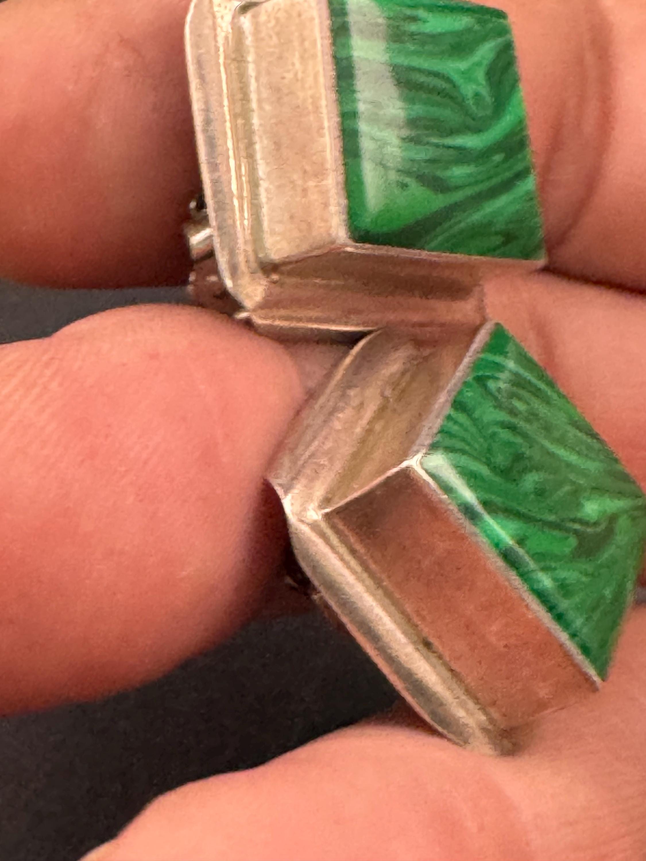 Vintage chunky 2.75cm 925 modernist sterling silver and malachite green gemstone square cube clip on earrings 16.1 grams