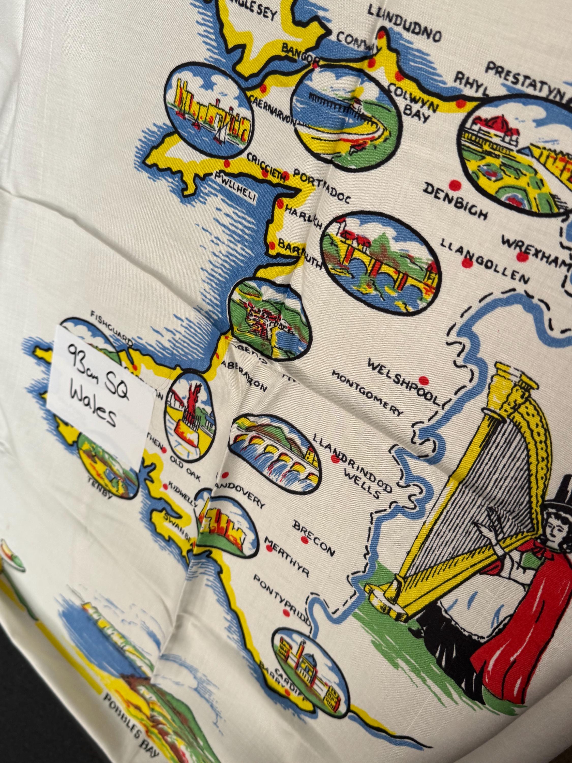93cm near square souvenir of Wales tourist linen Welsh cotton tablecloth printed , vintage linens for teaahop