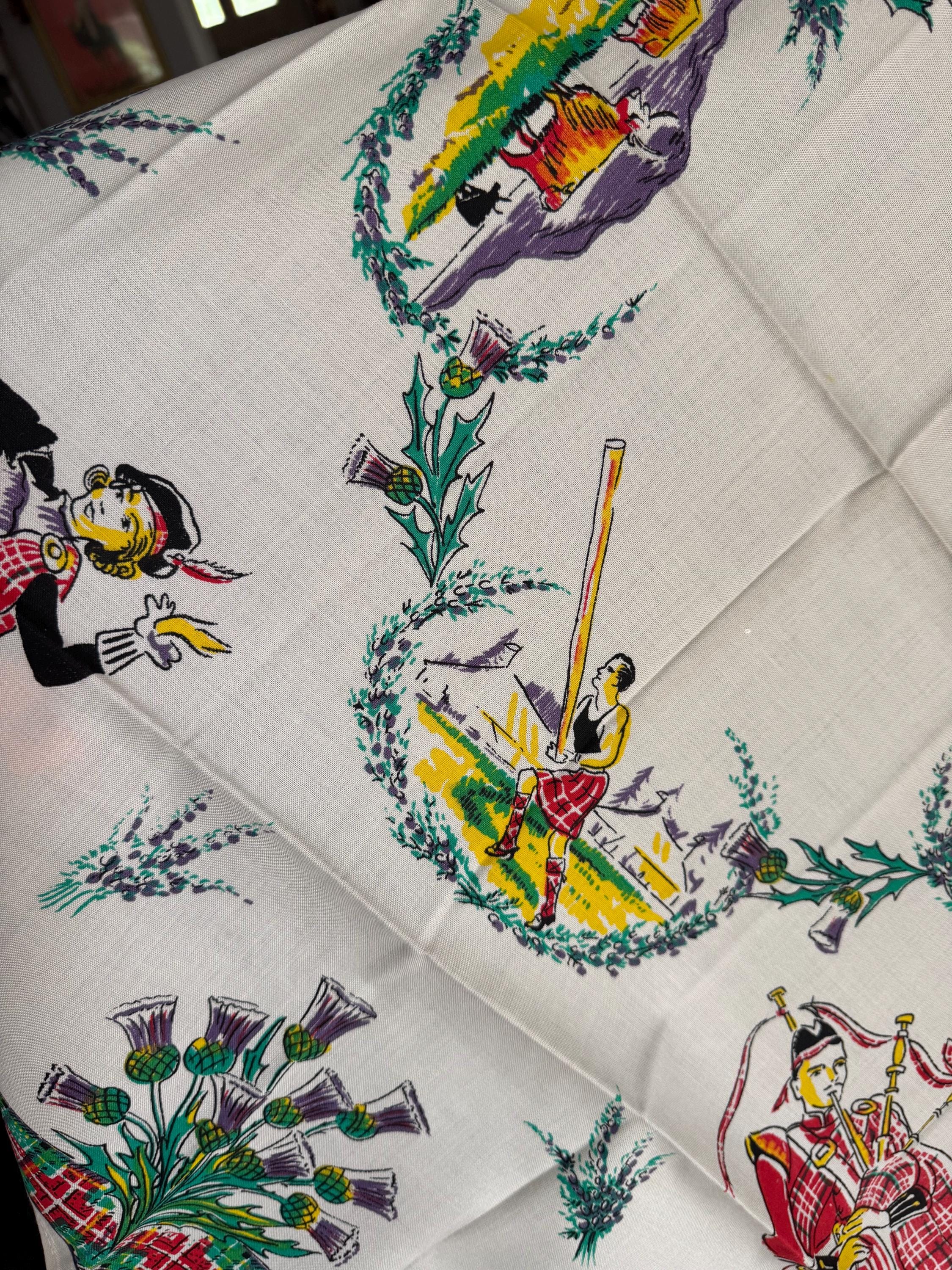 93cm square Vintage printed souvenir tablecloth SCOTLAND landmarks Scottish cities